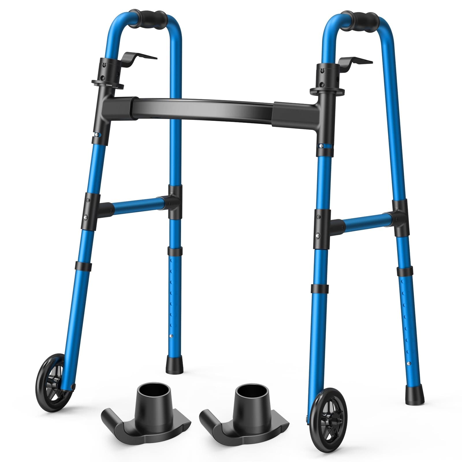 Loyoda Folding Walker with 2 Skis and 5" Wheels, Lightweight Walkers for Seniors and Adults, Supports Up to 350 Pounds, Adjustable Height, Compact Standard Walker, Blue