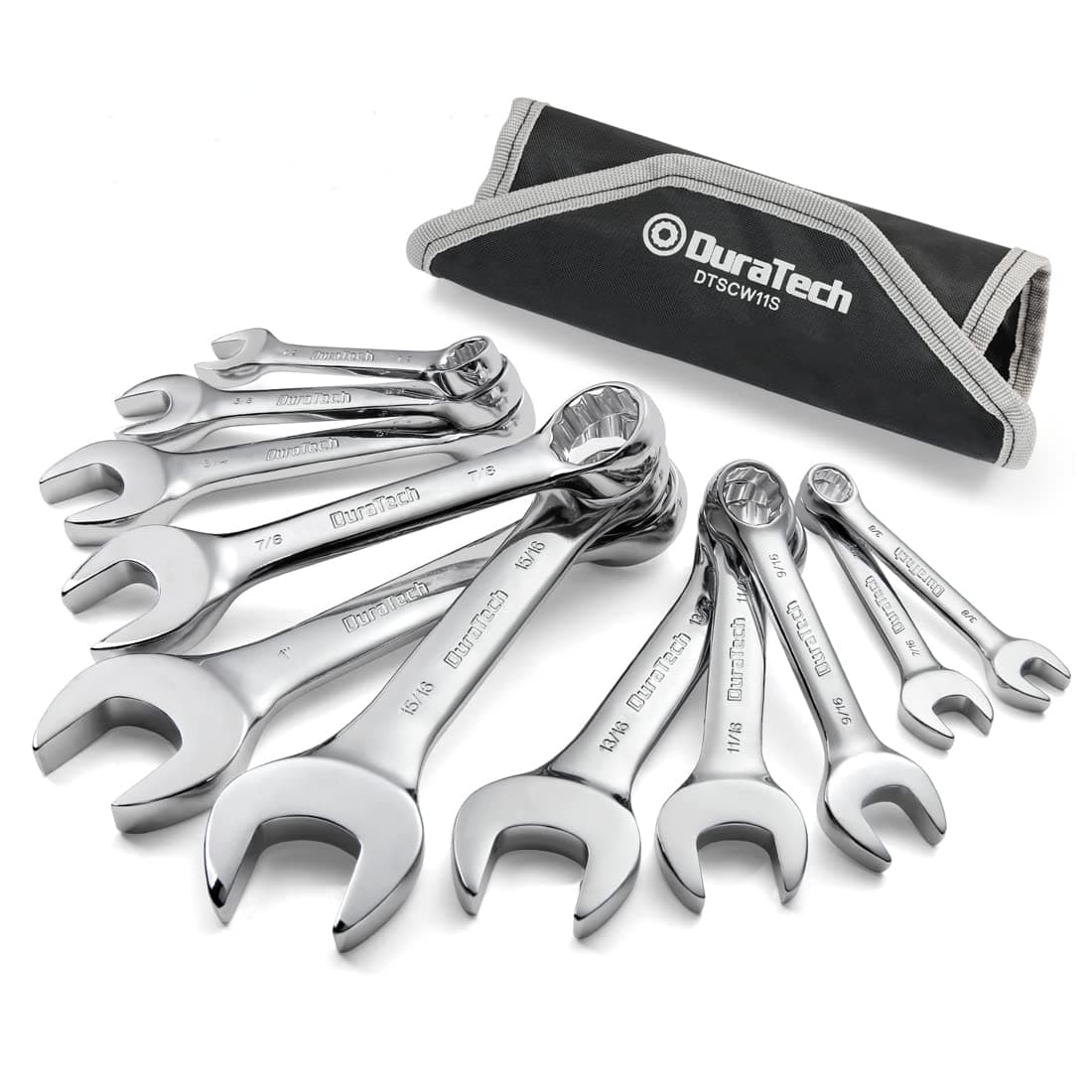 DURATECH Stubby Combination Wrench Set, SAE, 11-piece, 3/8' to 1', 12-Point, Chrome Vanadium Steel Construction with Pouch