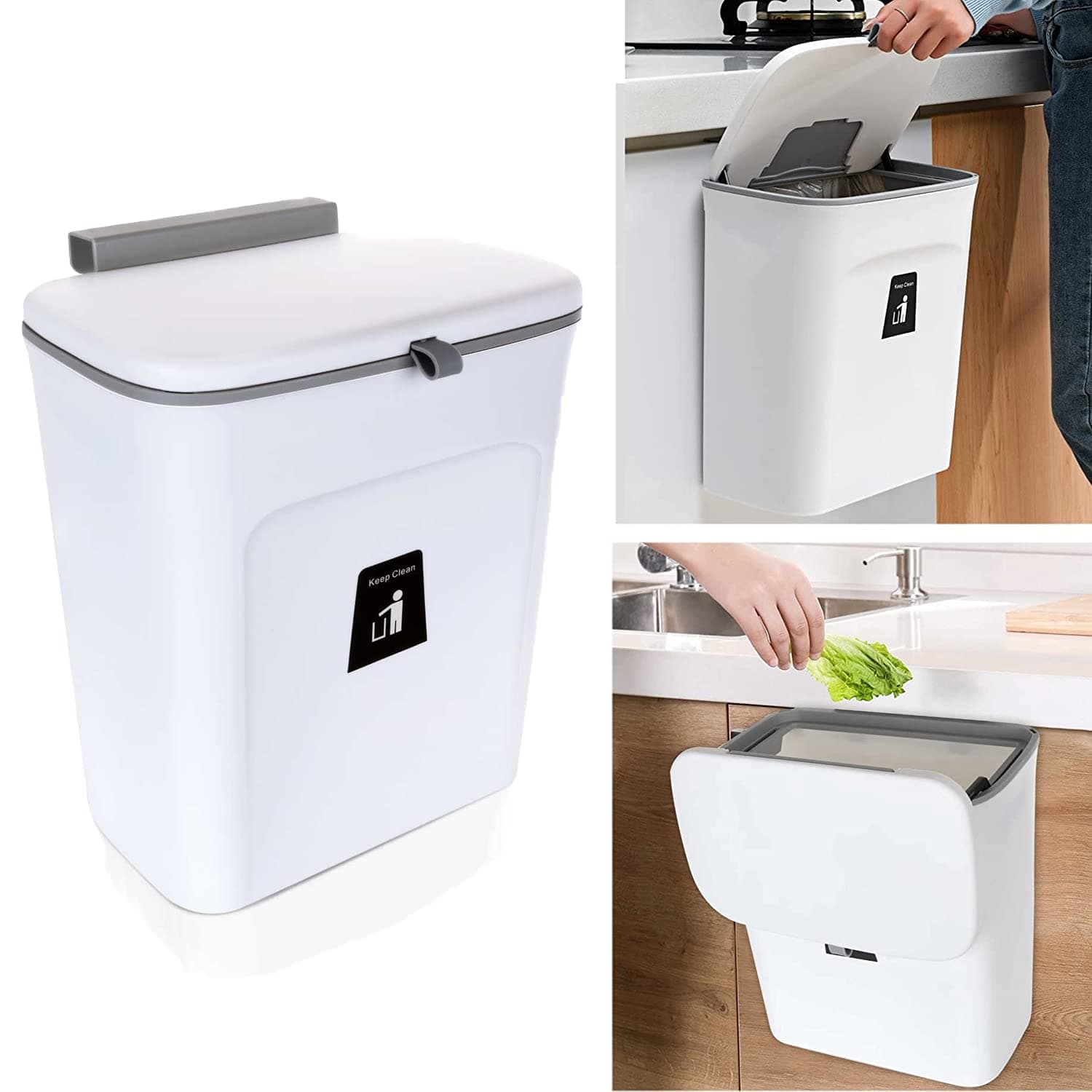 Hanging Trash Can with Sliding Cover, 9L Built-in Bin Waste Bin with Lid, Plastic Cupboard Bins for Cupboard, Kitchen, Motorhome,Bathroom, Toilet, Bedroom, Living Room, Office – White