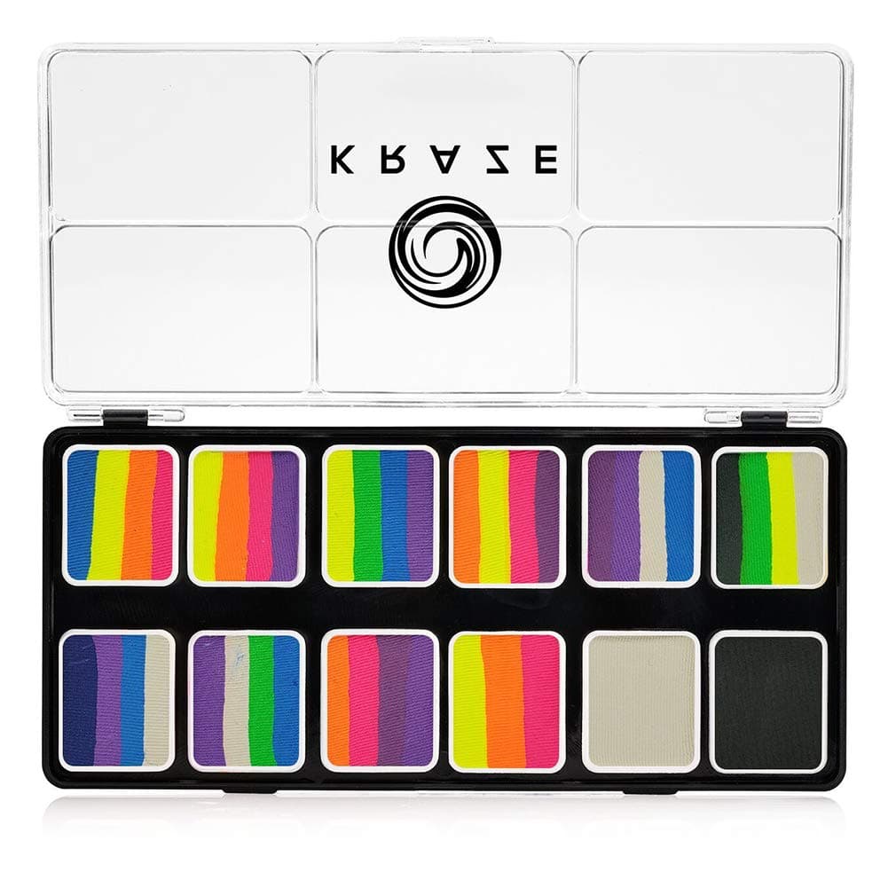 Kraze FX Neon Pop 1-Stroke 12 Split Cake Palette (6 gm) with 2 Brushes - Professional UV Glow Blacklight Reactive Body & Face Painting Kit, Water Activated, Hypoallergenic, Vibrant Face Paint