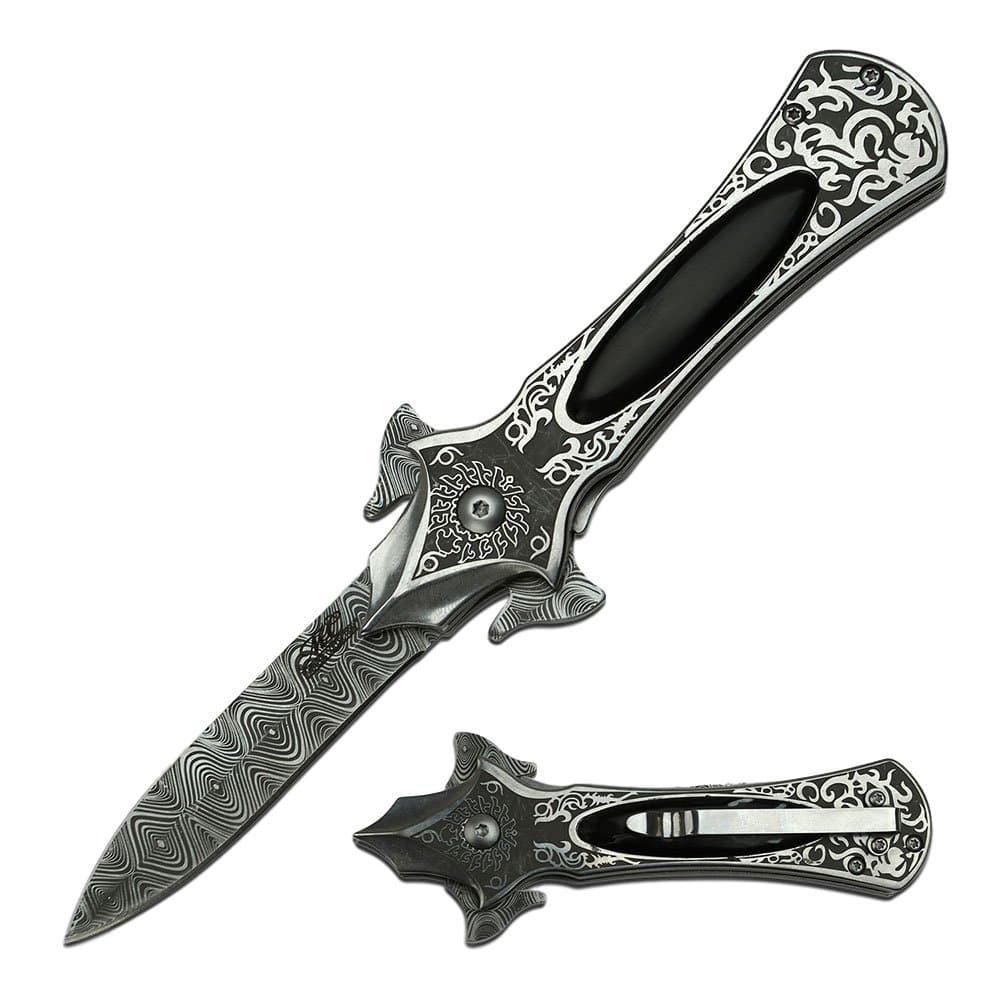 Masters Collection Cross Etched Design Spring Assisted Knife (Black)