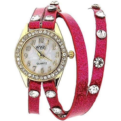 TOC Ladies Crystal Studded Extra Long Hot Pink Glitter Strap Dress Watch SW1096