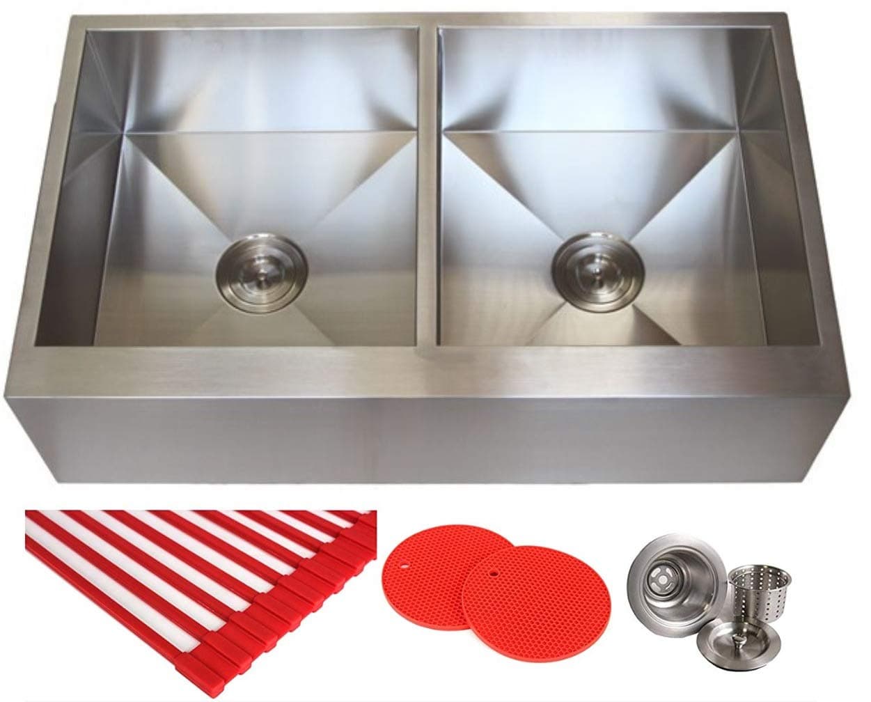 Kingsman 36 Inch Zero Radius Design 16 Gauge Double 5050 Bowl Stainless Steel Flat Front Farmhouse Apron Undermount Kitchen Sink Premium Package KKR-HFE3621