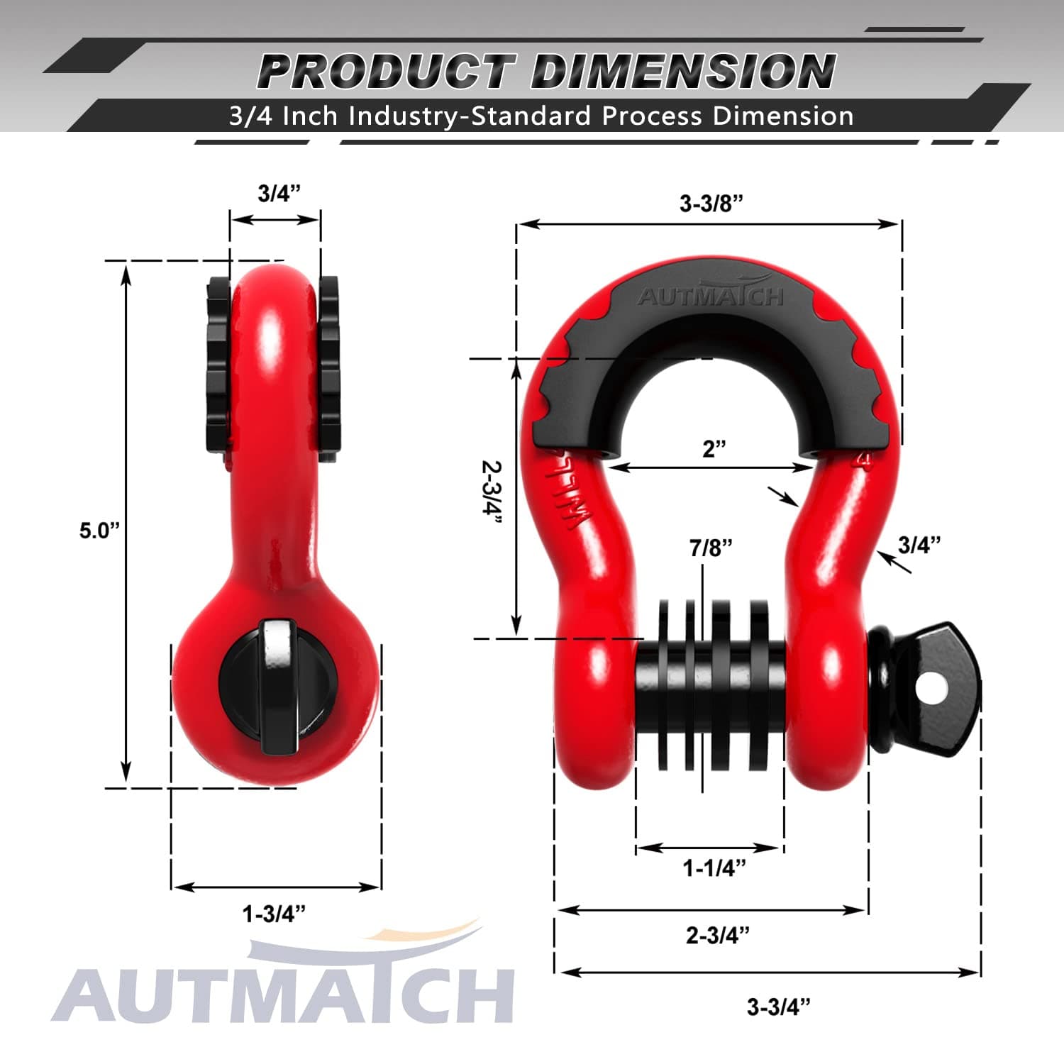AUTMATCH D-Ring Shackle 3/4" (Set of 2) Approx 19 Ton Break Strength 7/8" Screw Pin Shackle Isolator with Washer Tow Strap Winch Off-Road Vehicle Recovery 3/4" Shackle Red/Black