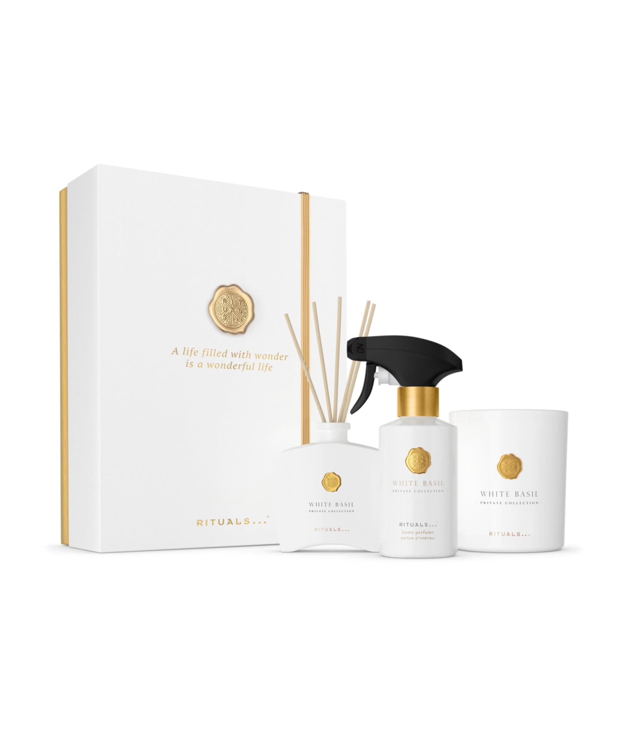 White Basil L Gift Set - 3 Luxury Room Fragrances from the Private Collection - Aromatherapy Gift Box with Room Fragrance, Scented Candle and Reed Sticks