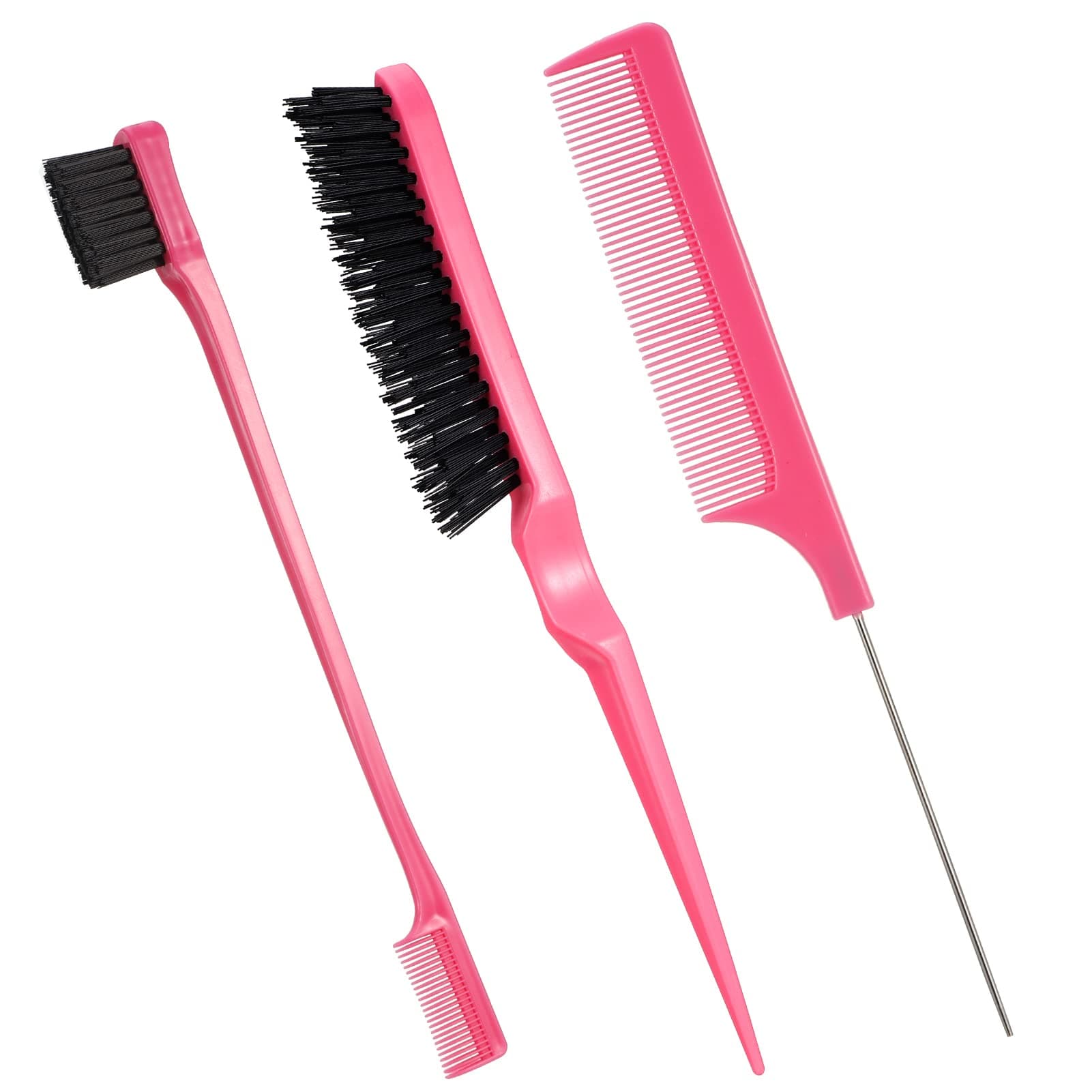 3 Pcs Slick Brush Set Hair Teasing Brush Set Edge Hair Brush Bristle Hair Brush Edge Control Brush Grooming Combs Rat Tail Comb Double Sided Edge Brush for Women Babies Kids Hair (Pink)