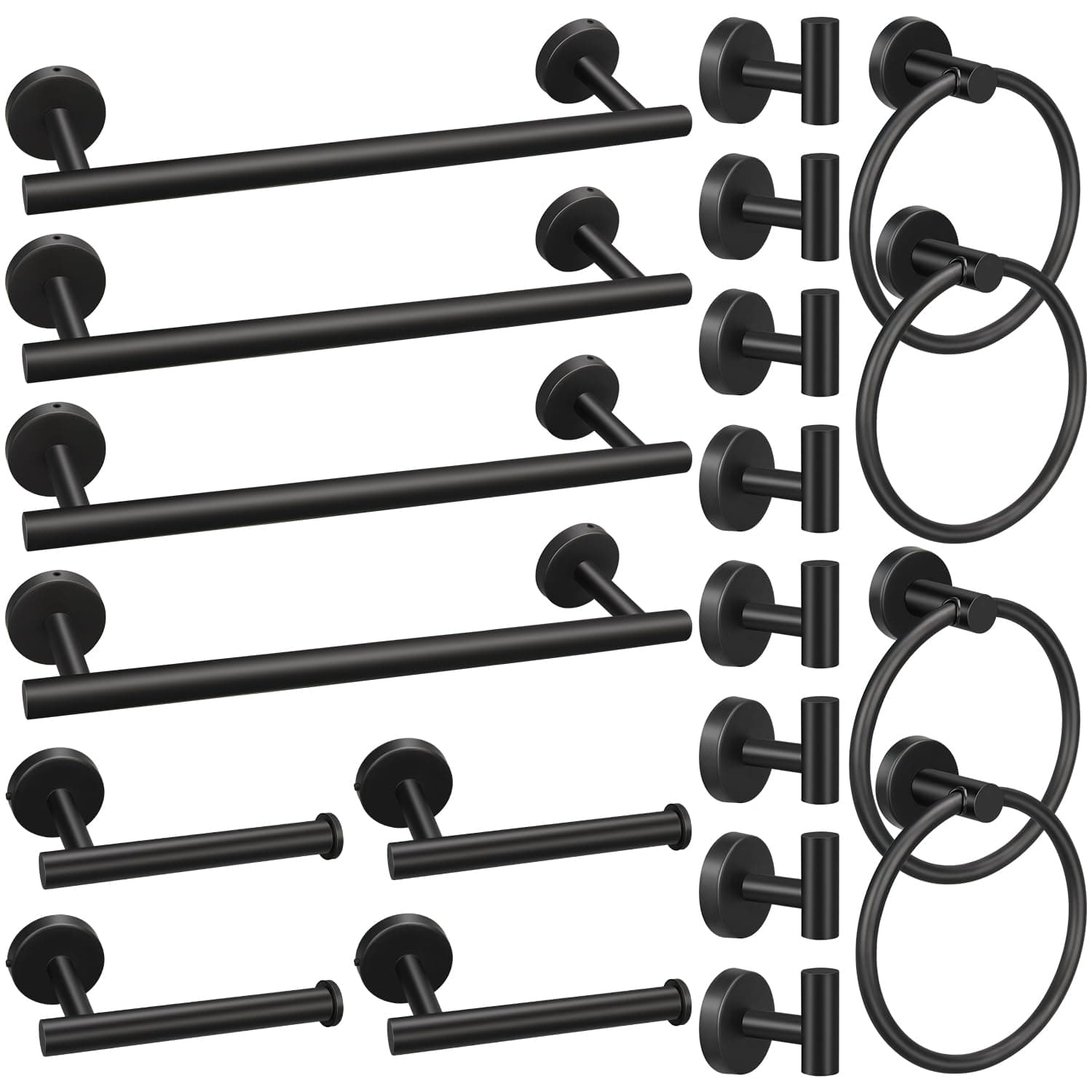 20pcs Bathroom Hardware Set, Matte Black Stainless Steel Bathroom Hardware Set, Including 16" Hand Towel Bars, Toilet Paper Holders, Towel Rings, Robe Towel Hooks
