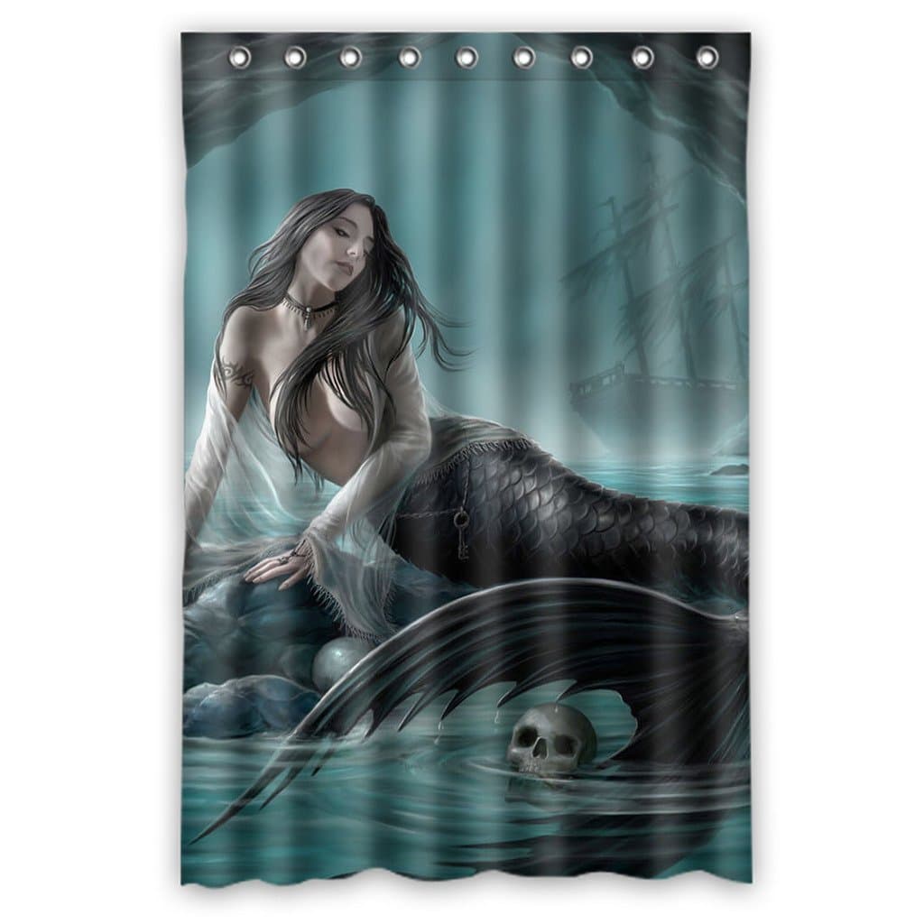 Custom Skull Green Mermaid Waterproof Polyester Shower Curtain and Hooks Size 48"x72"