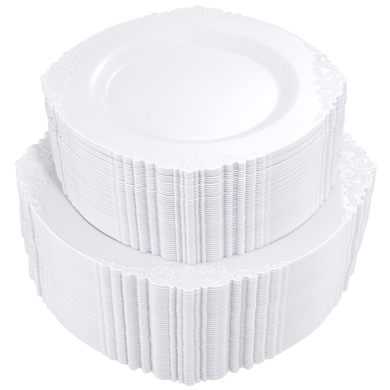 Morejoy100PCS White Plastic Plates - White Disposable Plates - Include 50 Pieces 10.25 Inch Dinner Plates & 50Pieces 7.5 Inch Dessert Plates - Perfect for Weddings & Parties & Showers