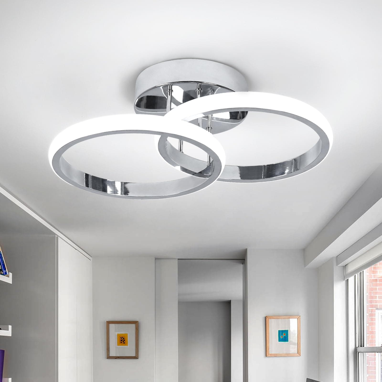 CANEOE Round Modern Led Ceiling Light Fixtures, 6000K Cool White Hallway Light Fixtures Ceiling, Bathroom Close to Ceiling Lights for Corridor Stair Aisle Lamps (Chrome, 1 Pack)
