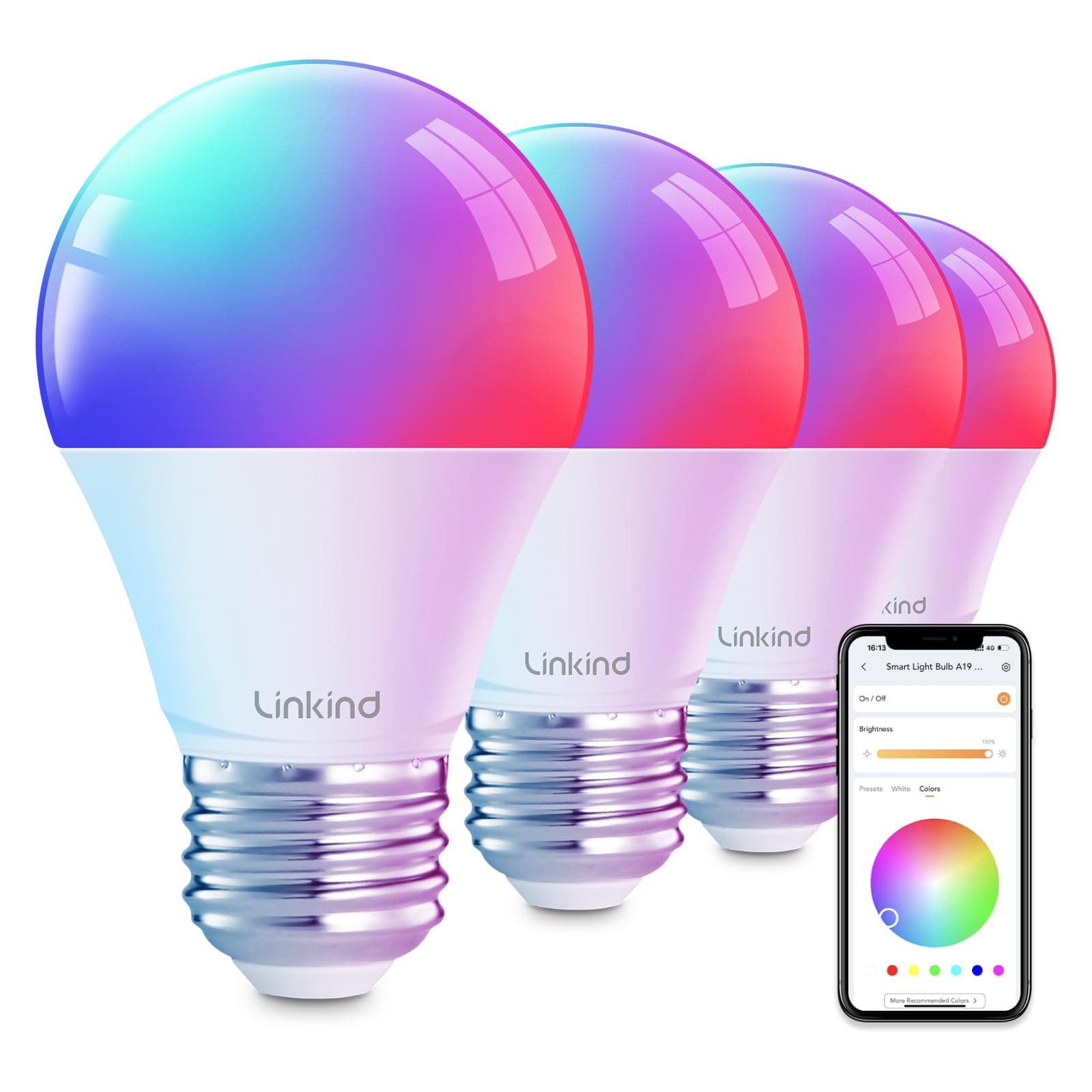 Smart Light Bulbs, Smart Bulb That Work with Alexa & Google Home, LED Light Bulbs Color Changing, 104 Preset Scene, Music Sync, A19 E26 2.4GHz RGBTW WiFi Bluetooth Light Bulb 60W, 800LM, 4Pack