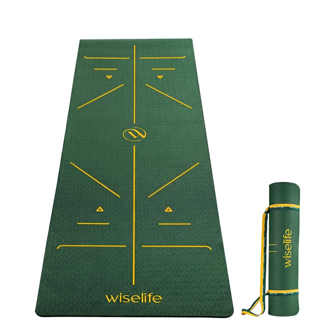 - WiseLife TRUE Body Alignment Yoga Mat + Sleek Yoga Strap for Men and Women | Non-Slip Textured Extra Wide & Thick | Pro Balance TPE Exercise Mat For Home, Pilates, Gym & Fitness (6mm, Green)
