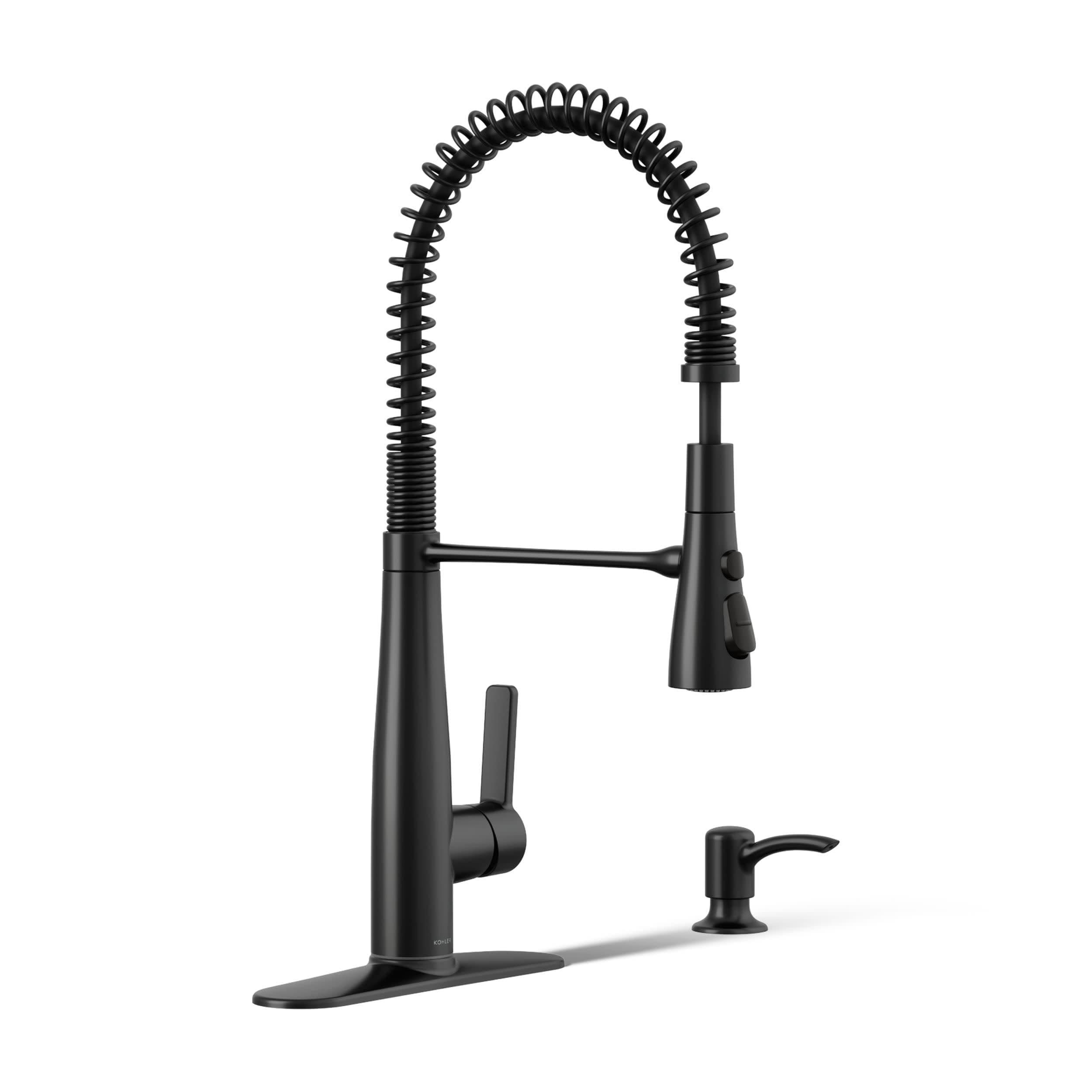 - K-REC22745-SD-BL Semi-Professional Kitchen Sink Faucets with Soap Dispenser, Commercial Kitchen Faucets with Pull Down Sprayer, Matte Black