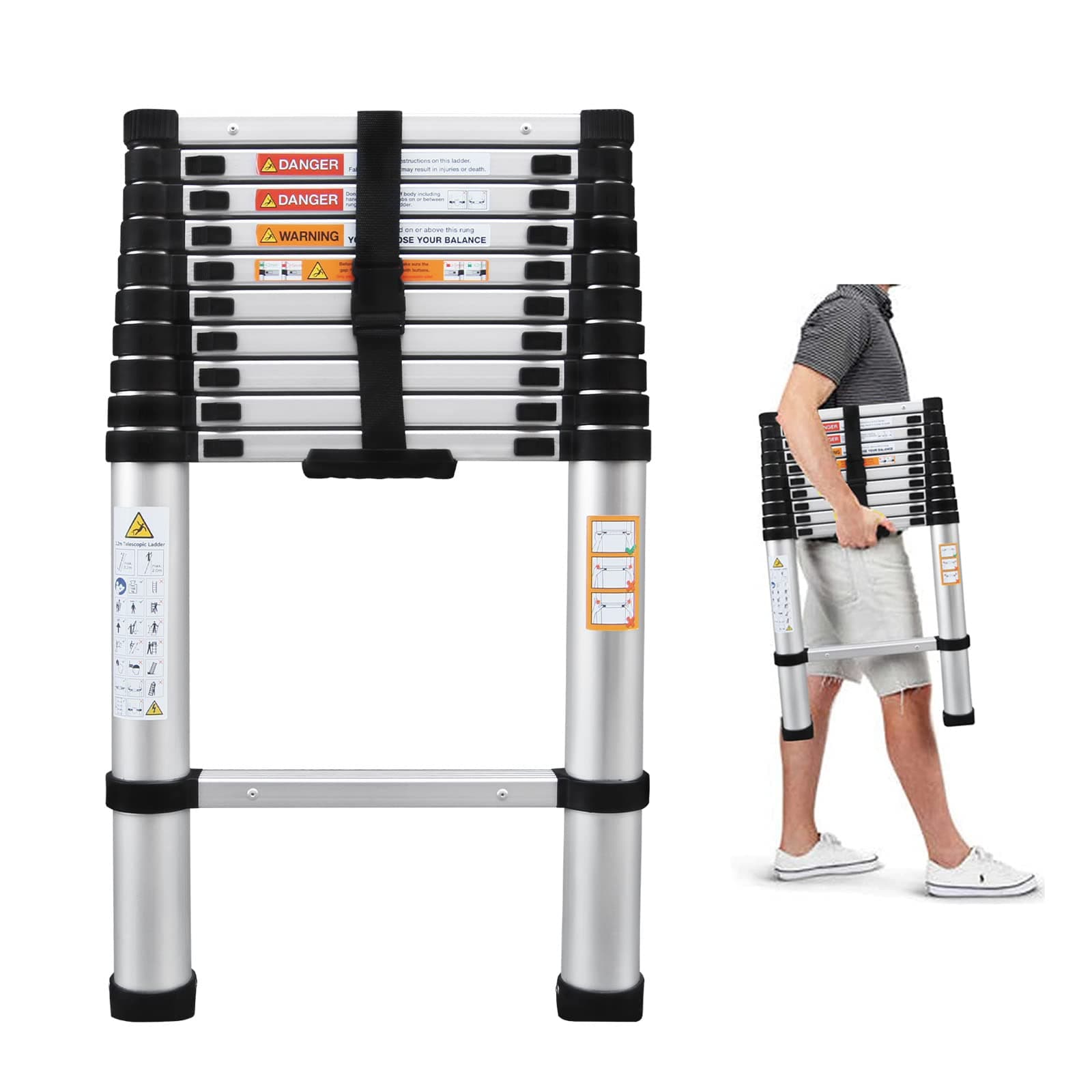 3.2M Telescopic Multi Purpose Ladder Portable Aluminium 10.5 Ft Light Weight Extendable Attic Ladder Max 150KG Load for Outdoor Indoor Home Loft Office, UK Stock