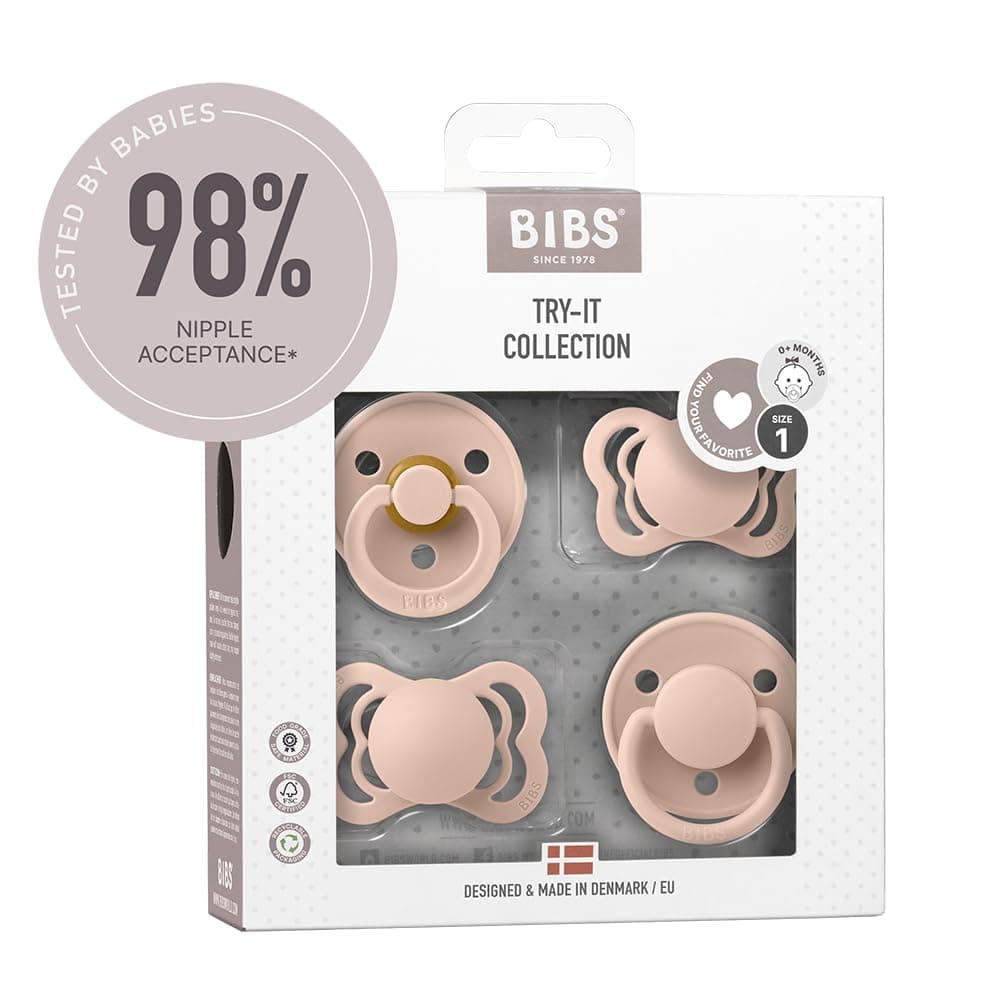 Bibs Try-IT Collection Silicone & Natural Rubber Baby Pacifier - Round, Symmetrical, Anatomical Nipple Shapes, Gentle Shield Prevents Skin Irritation & Moisture Buildup, 0-6 Months, Pack of 4, Blush