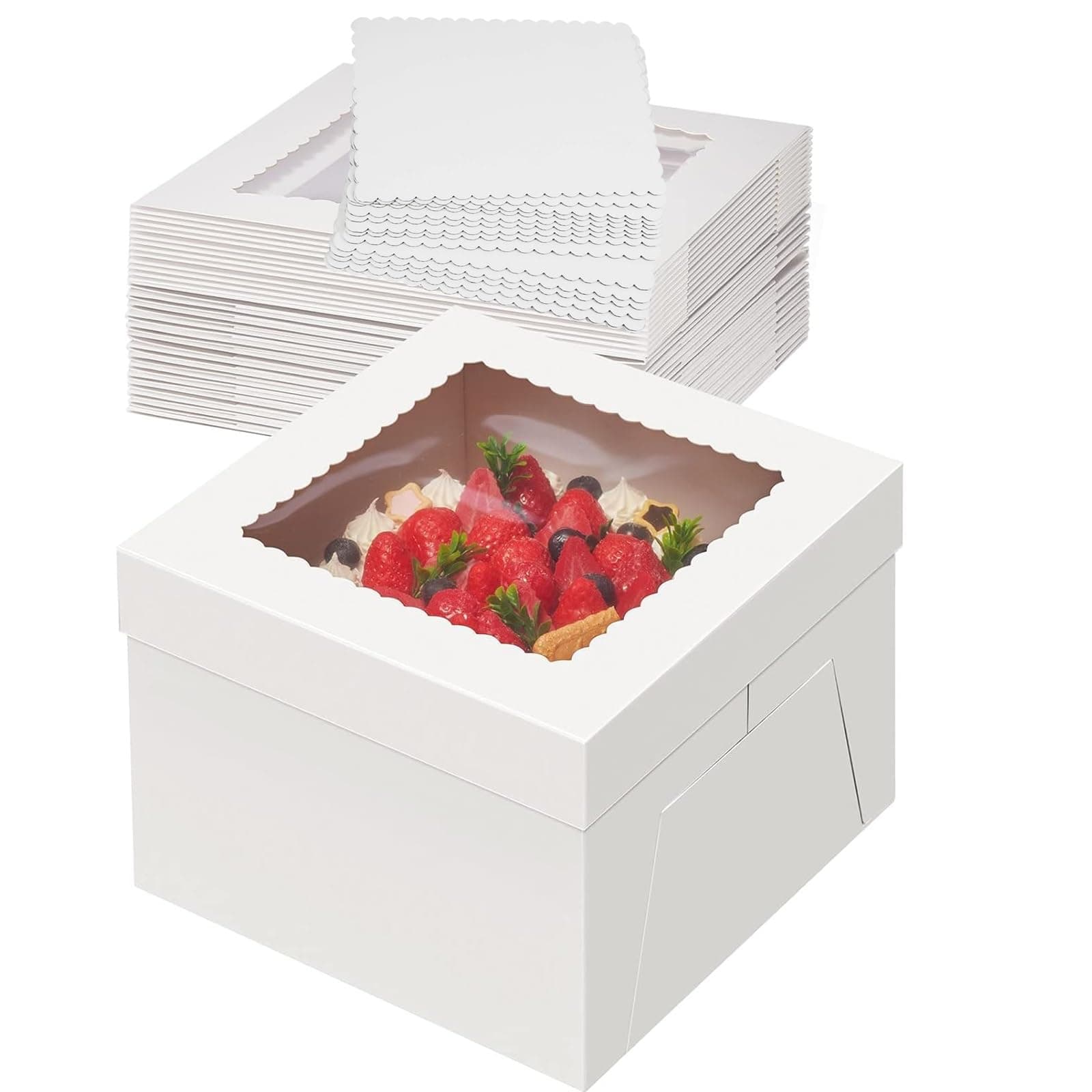 10 Inch Cake Boxes Set White Paperboard Disposable 10"x10"x5" Bakery Box with Window Bulk Cake Box with Square Cake Board for Cakes, Pastries, Cookies, Pie (10pcs, 10 Boxes & 10 Boards)