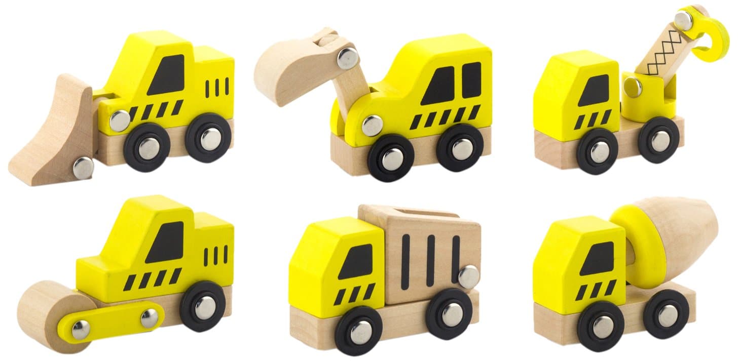 Eitech Viga 6 Wooden Construction Vehicles Set - Childrens Push Along Play Trucks