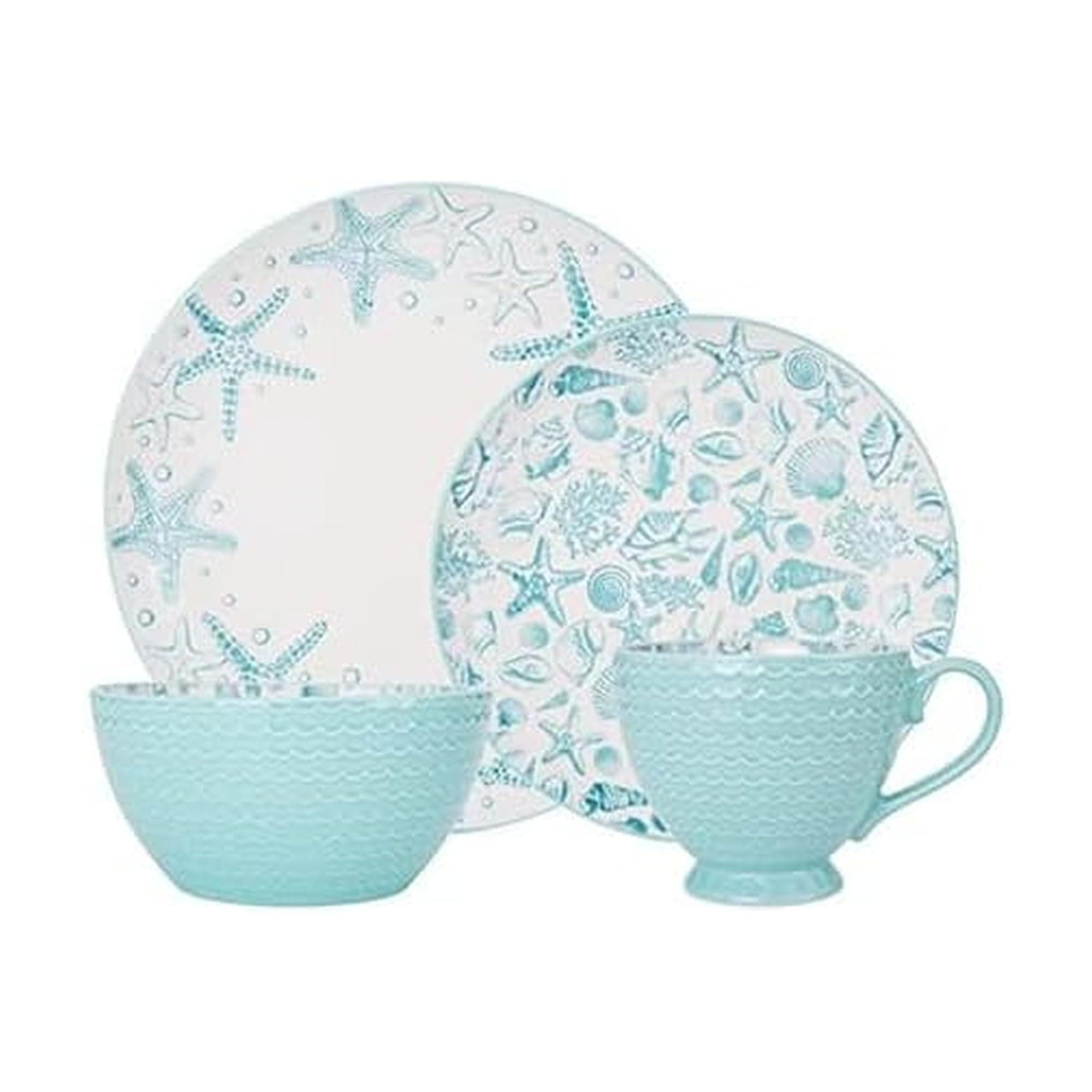 Pfaltzgraff Venice 16-Piece Stoneware Dinnerware Set, Service for 4, Aqua/White -