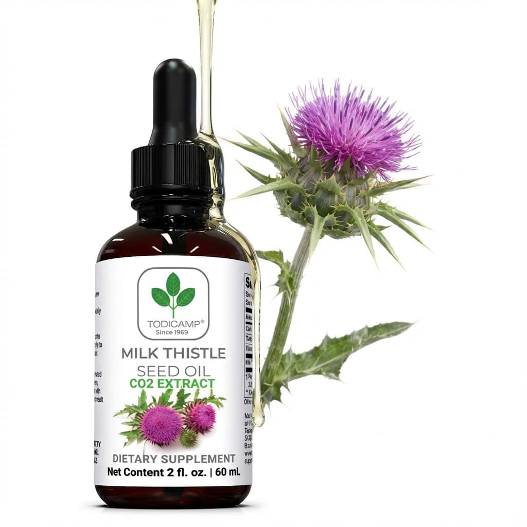 TODICAMP Milk Thistle Seed Oil Extract 2 fl oz - CO2 Liquid Milk Thistle Extract - Rich in Silymarin, VIT E, Zinc, Omegas, Tocopherols - Sweet and Pleasant Taste