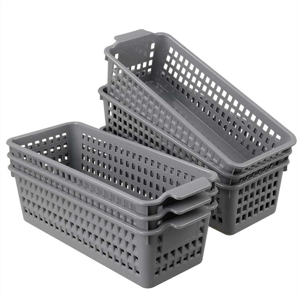 Grey Small Plastic Rattan Storage Basket, Plastic Basket for Storage, Set of 6