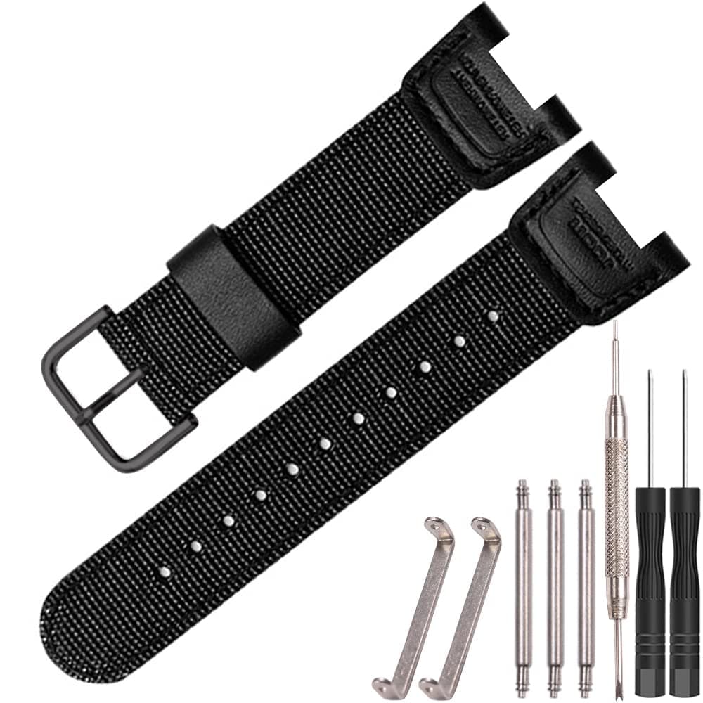 24mm Nylon Leather Watch Strap Compatible with Casio SGW-100 SGW100 Twin Sensor GW-3000 Men's Sport Watch Black Replacement Band