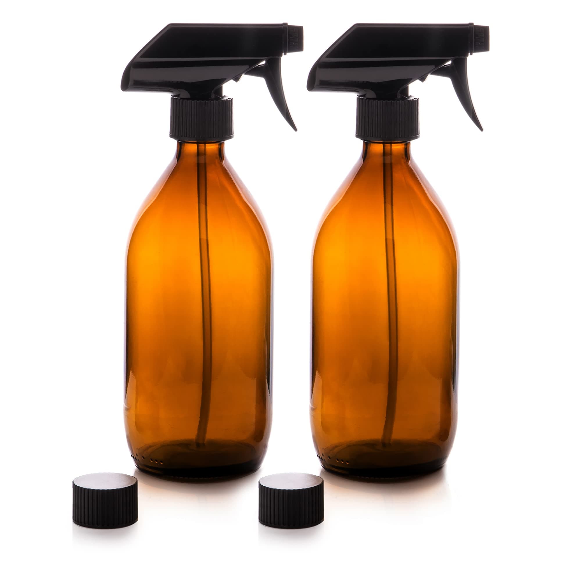 Nutra4Radiance Amber Glass Spray Bottles with Trigger Pump – 2 Pack 500mL & 2 Caps. BPA-free, Reusable, for DIY Products, Cleaning, Essential Oil, Spray Plants, Hair Care.