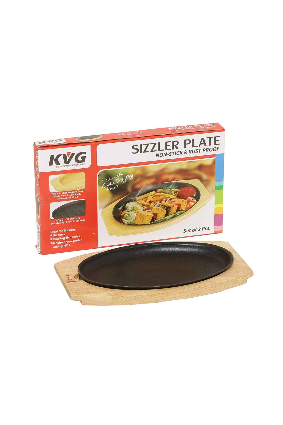 Sizzler Plate - Personal Sized Oval 10" X 6.5" Cast Iron Sizzling Fajita Skillet Steak Plate with Wooden Base for Restaurant Home Kitchen Cooking Accessory