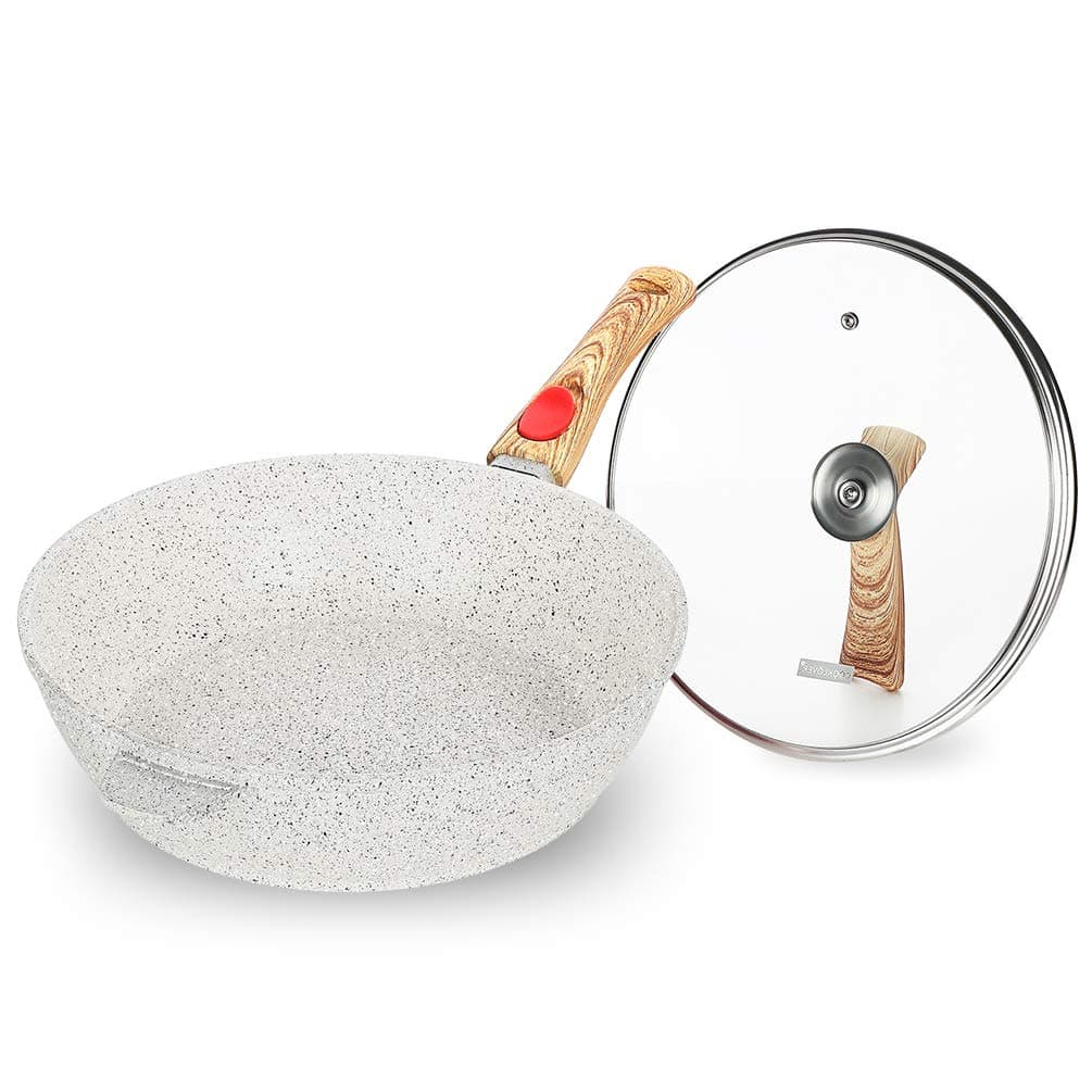 Induction Frying Pan with Lid Marble Coating Scratch Resistant Dishwasher Safe PFOA Free Nonstick Round Aluminum Fry Pan - 11 inch - White