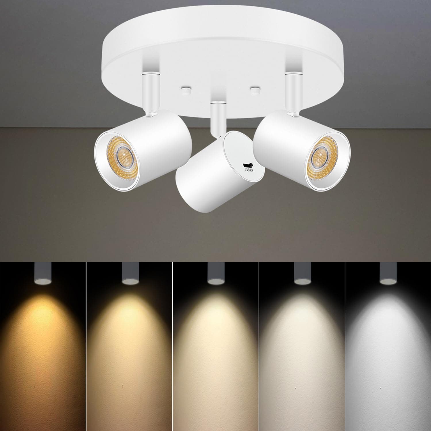 VANoopee 5 Color 3 Light LED Ceiling Spot Light Indoor Flush Mount Directional Adjustable Spotlight Fixtures Close to Ceiling for Kitchen Hallway Modern LED Track Lighting Kit Dimmable 30W Matte White