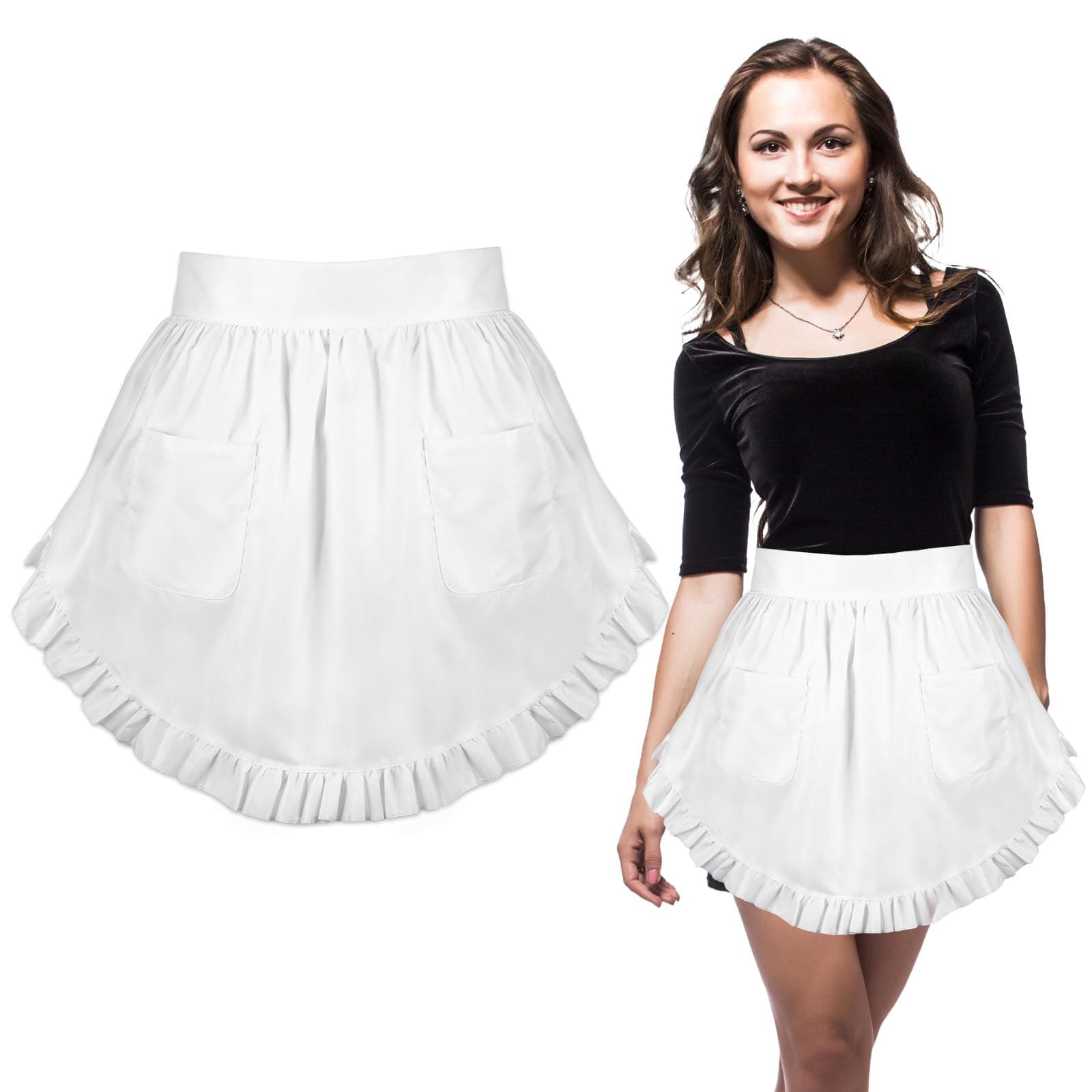 White Waist Apron with 2 Pockets, Cosplay Server Apron, White Apron for Kitchen Cooking Restaurant Party