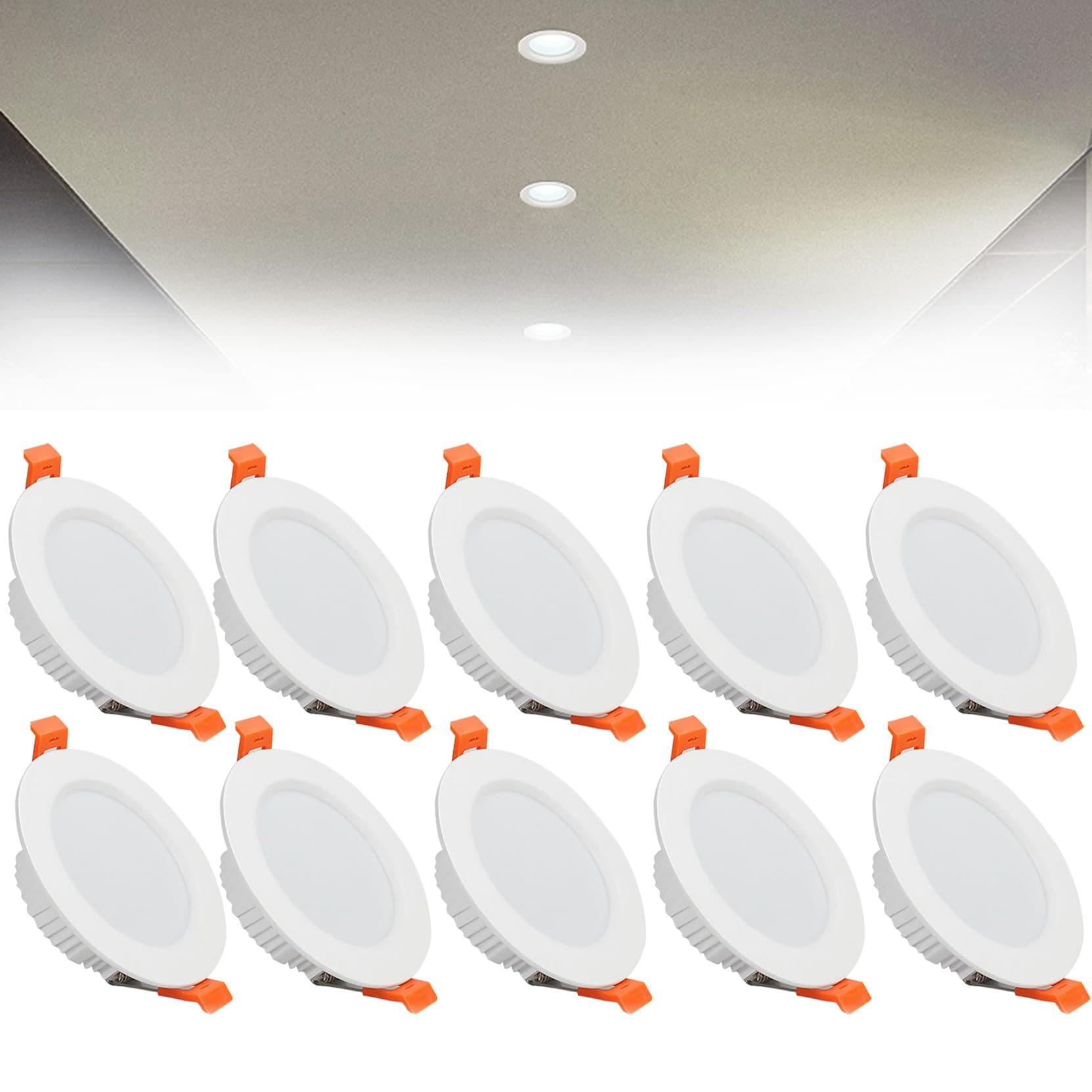 7W LED Recessed Ceiling Spotlights, 6000K Cold White Ultra Slim Panel Light, Cut Φ80-90mm, AC110-240V Round Downlights for Living Room Office, 10 Pack