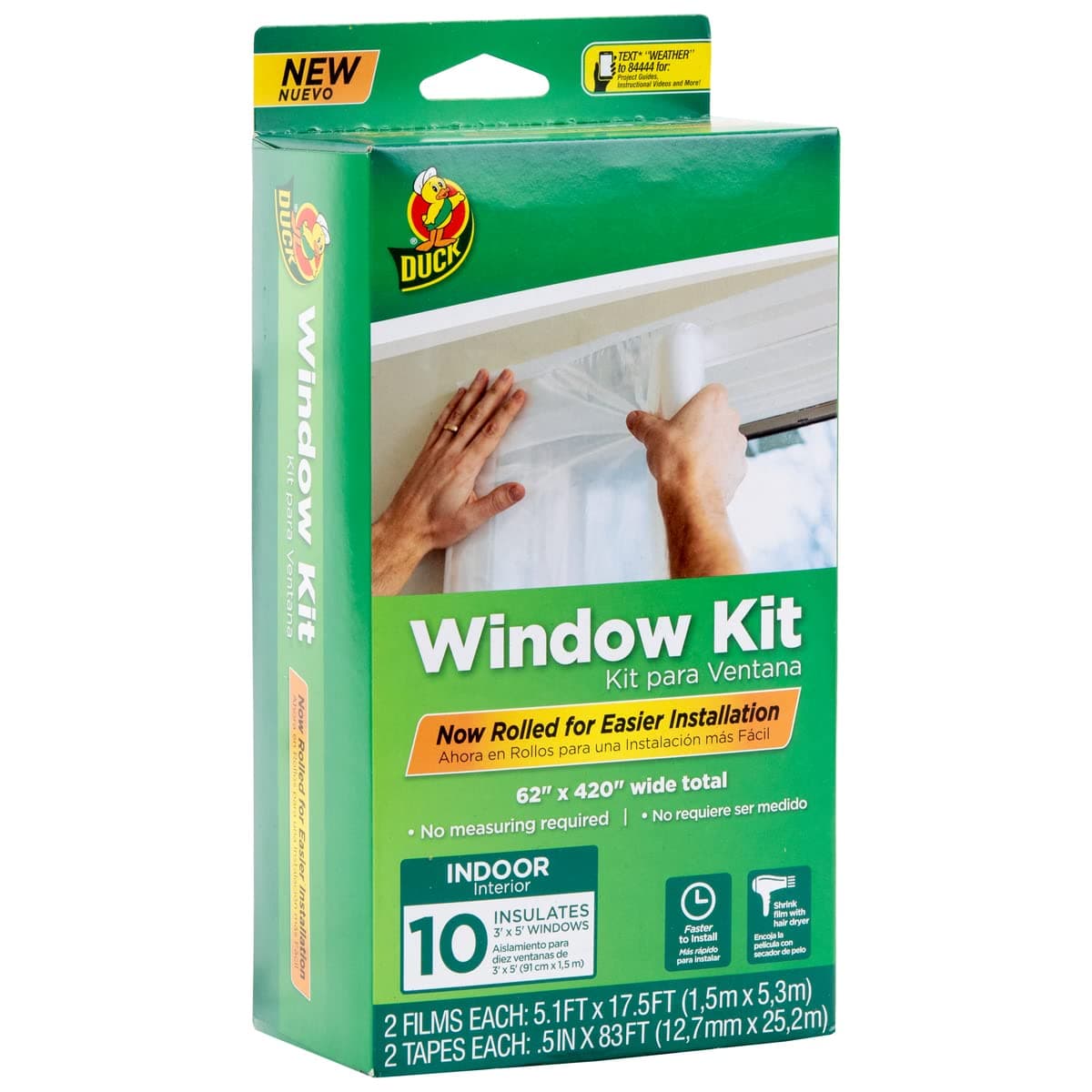 Duck Brand Window Insulation Kit - Winter Seal Kit Fits up to 10 Windows - Rolled Shrink Film Cuts to Size for Easy Indoor Installation - Tape Included - 62 In. by 420 In.- Clear
