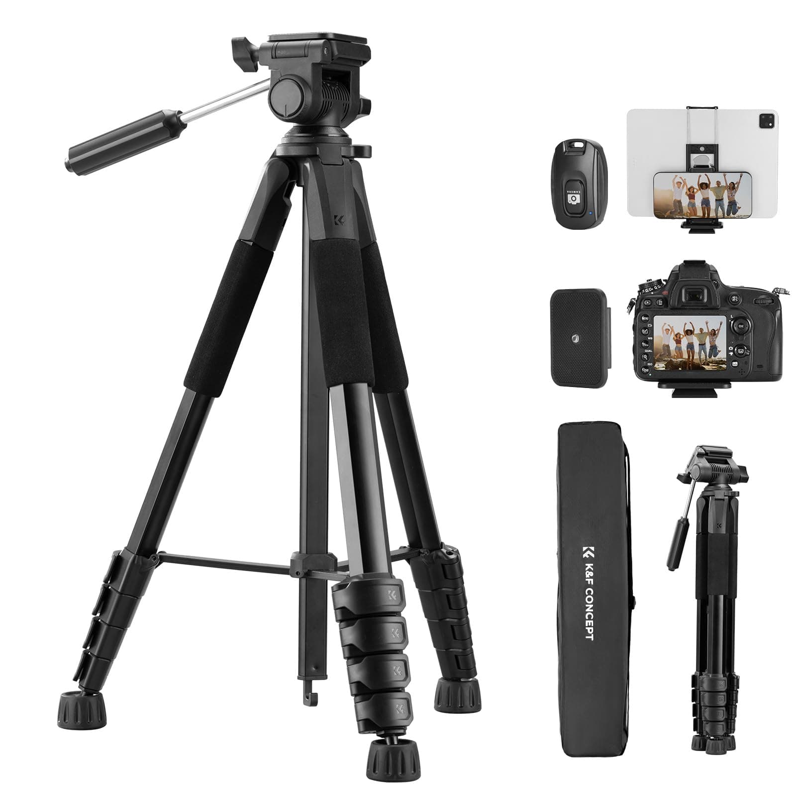 K&F CONCEPT 75"/190cm Compact Camera Tripod, Lightweight Travel Tripod for DSLR Camera and Phone, Video Tripod Stand with Phone Clip, Bluetooth, Compatible with Canon/Sony/Nikon Camera, S255A3+BV01