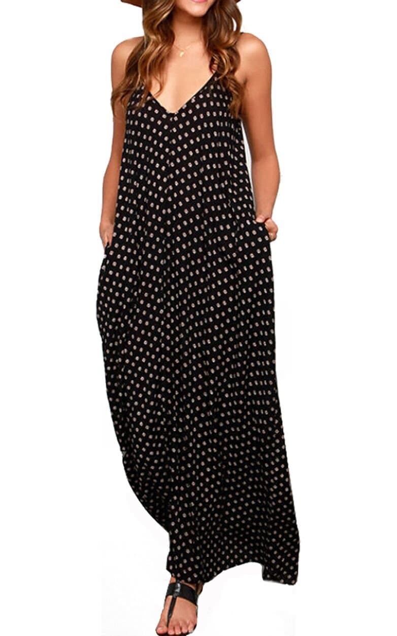 Women V-Neck Polka Dot Print Spaghetti Strap Boho Long Maxi Dresses