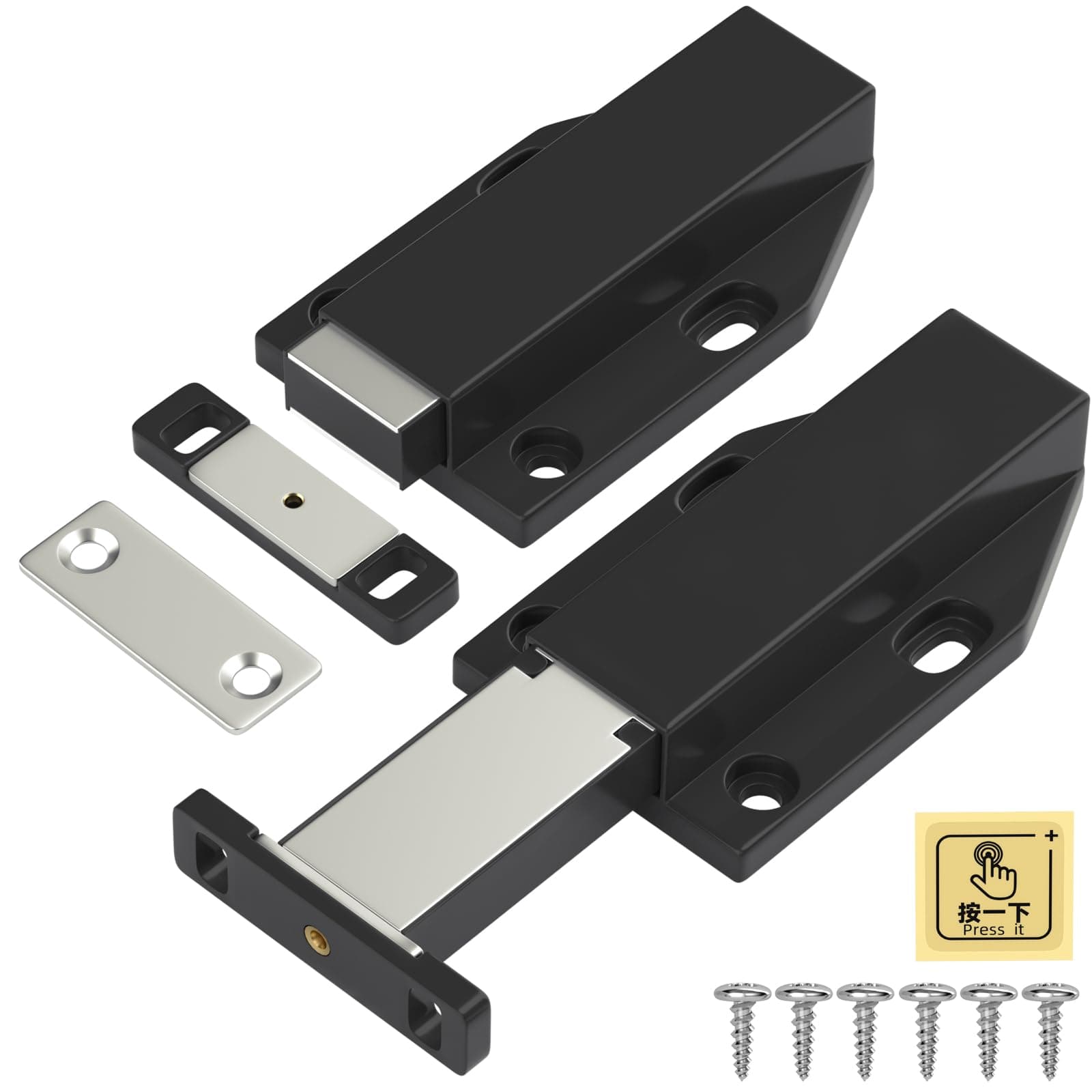 Touch Latch Jiayi Heavy Duty Push Open Cabinet Hardware Magnetic Push Spring Latch for Large Door Release Latch Pop up Hidden Door Catch Cabinet Magnets Push Close for Cupboard Drawer (Black, 2 Pack)