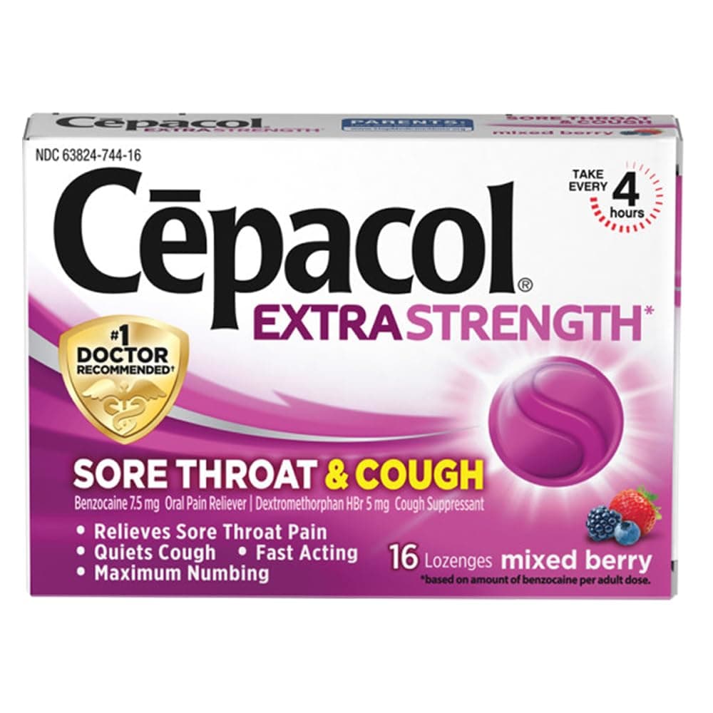 Cepacol Extra Strength Sore Throat Relief Lozenges, Mixed Berry Cough Drops, Maximum Numbing- Fast Acting Sore Throat & Canker Sore Relief with Dextromethorphan & Benzocaine, 16 Count