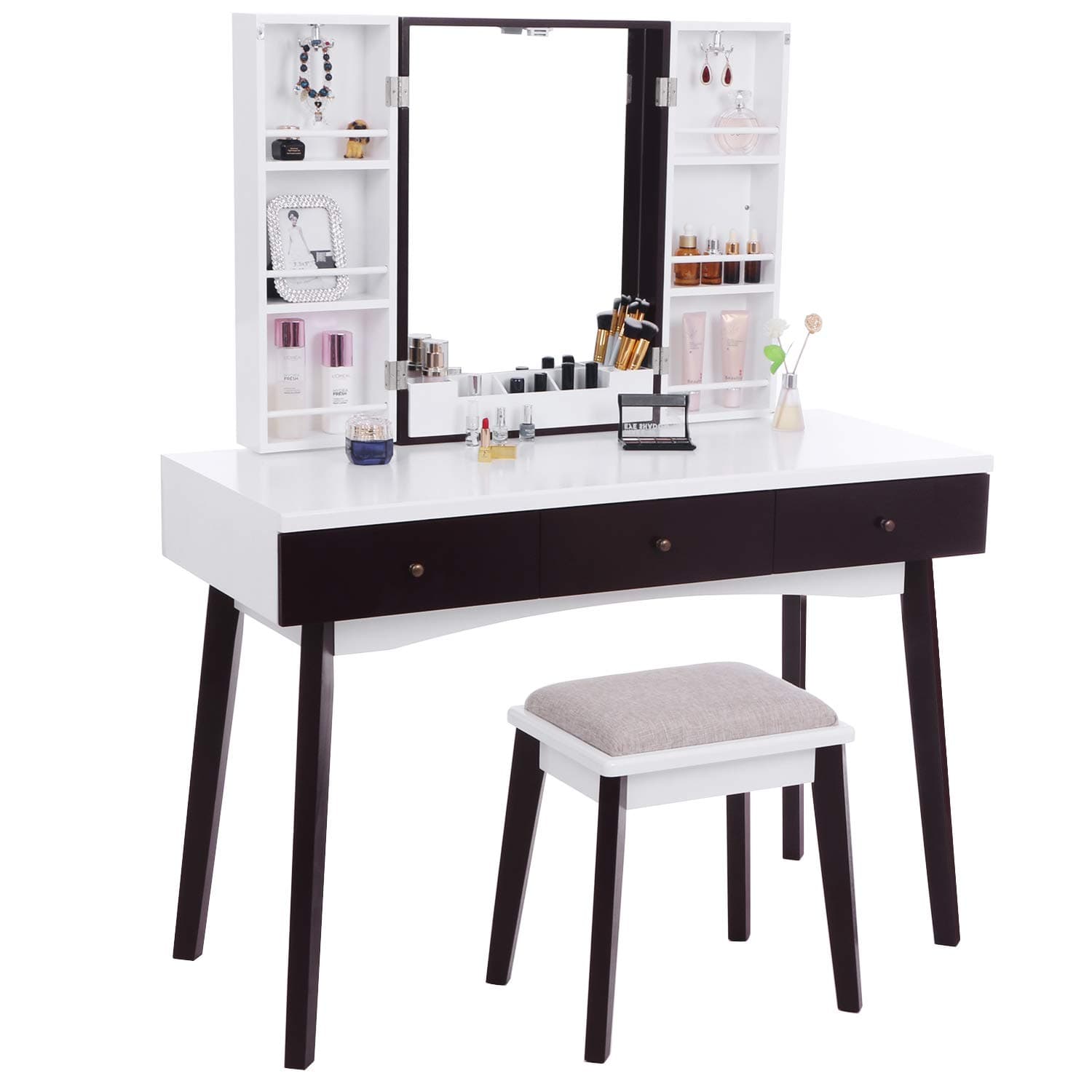 BEWISHOME Large Vanity Set with Mirror, Cushioned Stool, Storage Shelves, Makeup Organizer, 3 Drawers White Makeup Vanity Desk 39 Inch Dressing Table FST05W