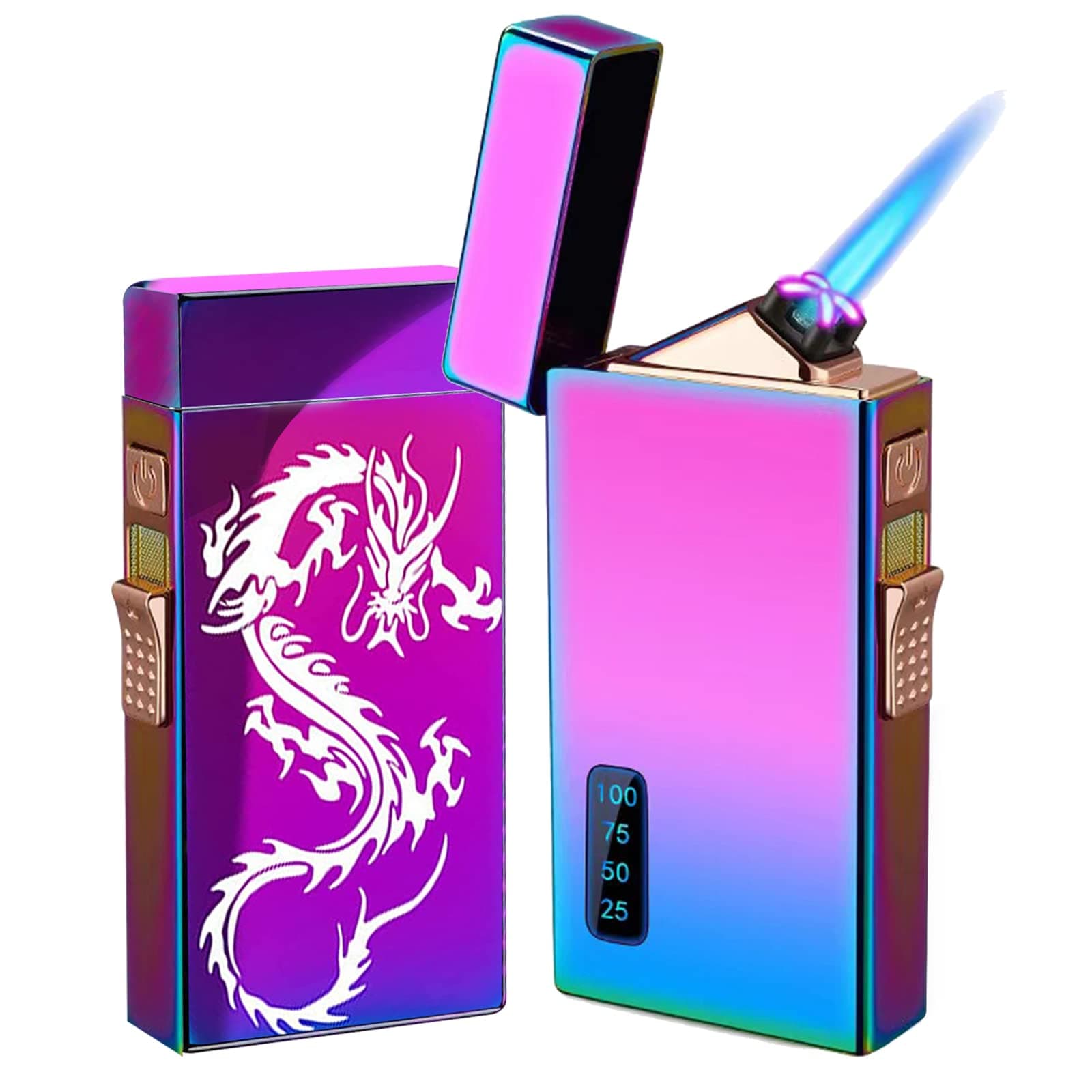 Arc Lighter and Butane Torch - 2 in 1 Refillable Electric Lighter, USB Rechargeable, Windproof for BBQs, Candles, Camping (Rainbow Dragon)