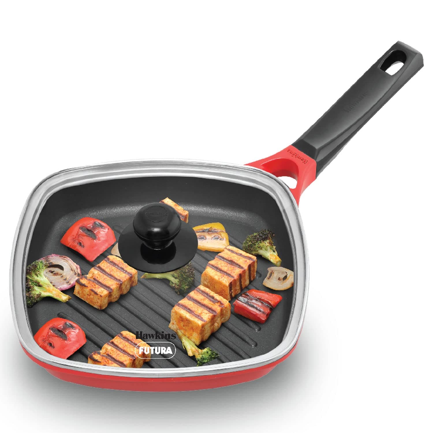 26 cm Grill Pan, Non Stick Die Cast Grilling Pan with Glass Lid, Square Grill Pan for Gas Stove, Ceramic Coated Pan, Red (IGP26G)
