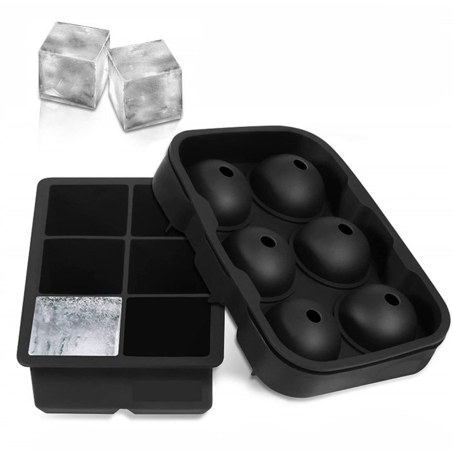 SKY-TOUCH Ice Cube Trays Silicone Set of 2, Sphere Round Ice Ball Maker and Large Square Ice Cube Mold for Chilling Burbon Whiskey Cocktail, Beverages and More