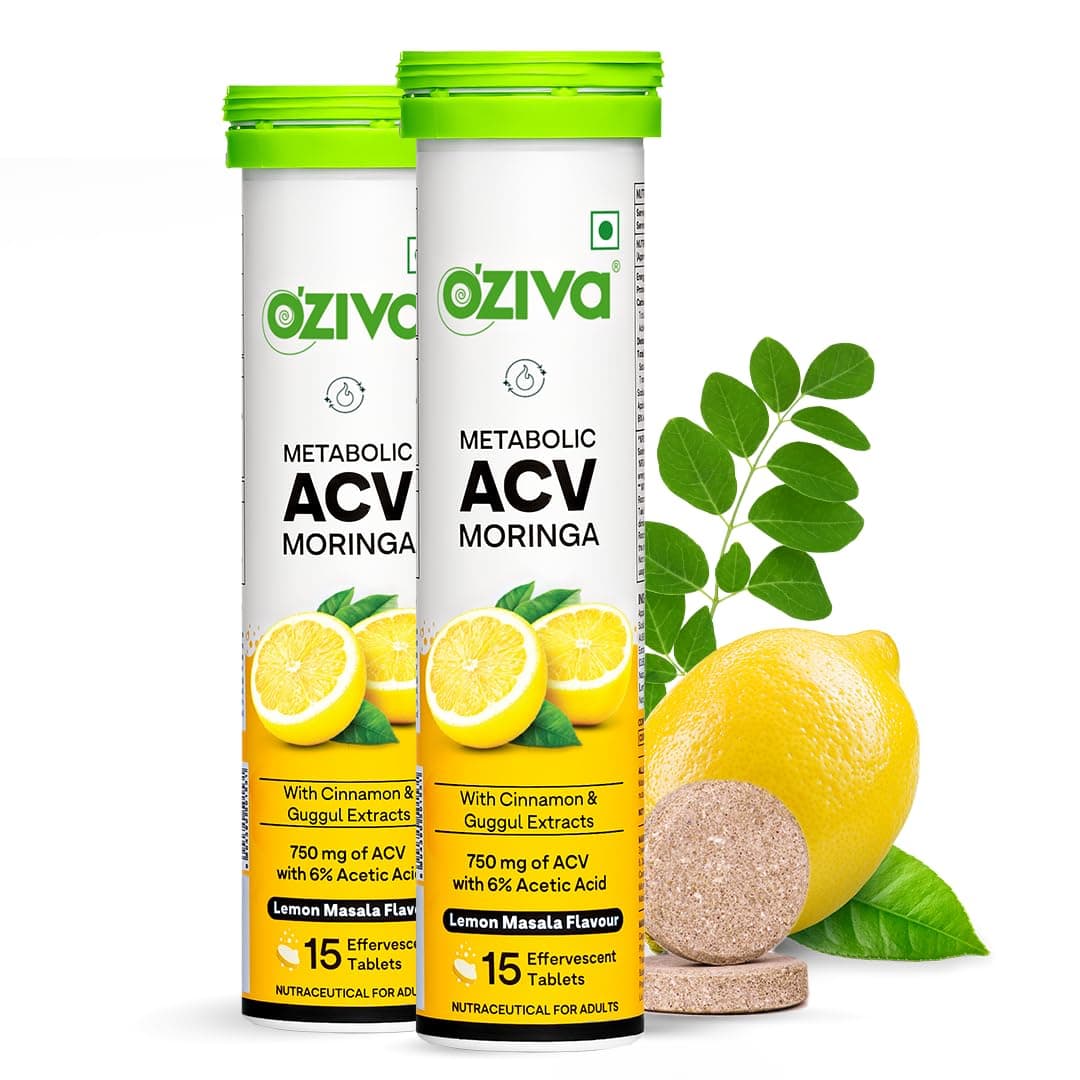 OZiva ACV Moringa | Control Cravings I Apple Cider Vinegar, Cinnamon, Guggul I No Maltodextrin & No Added Sugar I 15 Effervescent Tablets - Lemon Masala, Pack of 2 (30 Tablets)