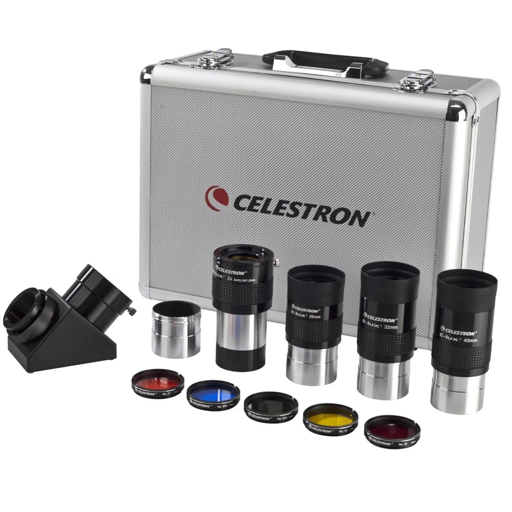 Celestron – 2” Eyepiece and Filter Accessory Kit – 12 Piece Telescope Accessory Set – E-Lux Telescope Eyepiece – Barlow Lens – Colored Filters – Diagonals – Sturdy Metal Carry Case