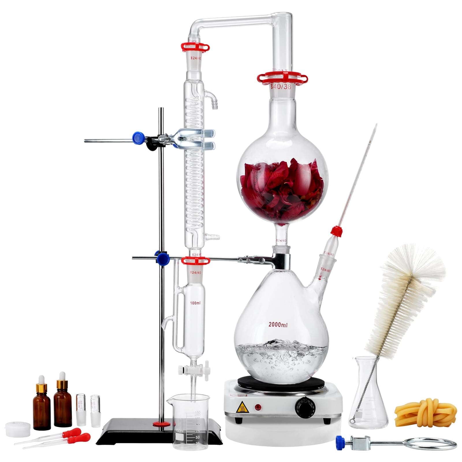 Happybuy Essential Oil Distillation Kit, 2000ml Apparatus, 3.3 Boro Glassware, 1000W Heating Plate, 24/40 Joint, 28 pcs Set