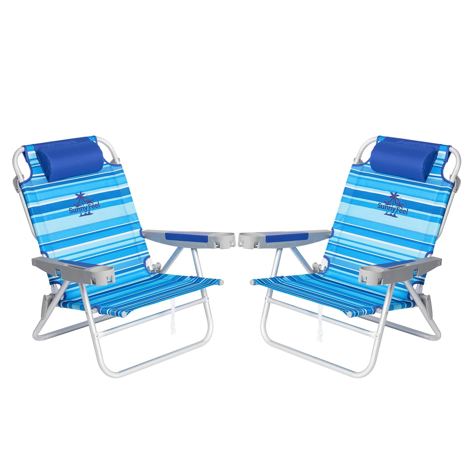 SUNNYFEELExtra Wide 28" Low Beach Chair 2 Pack 5 Position Lay Flat, XL Oversized Portable Folding Camping Chairs with Cup Holder for Outdoor/Trip, Foldable Backpack Beach Chair for Adults