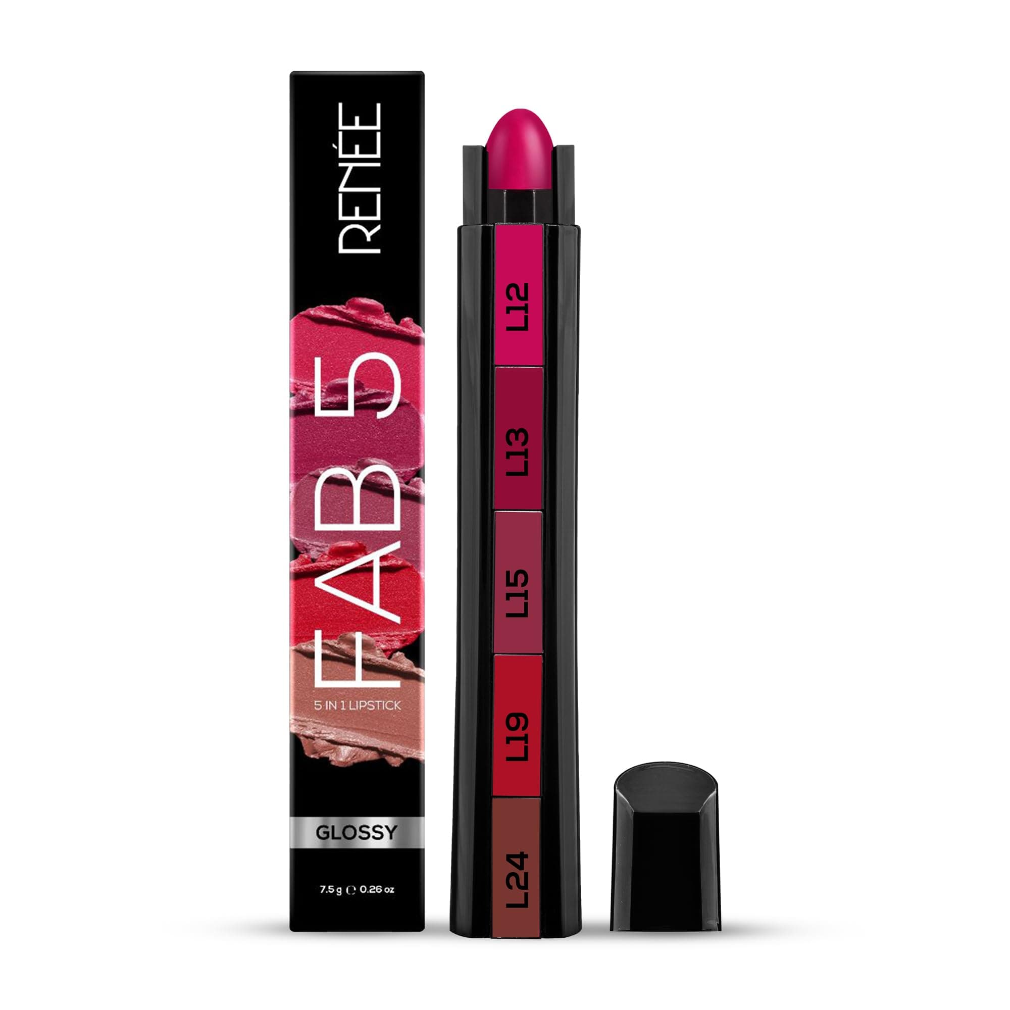 FAB 5 Glossy 5 in 1 Lipstick 7.5 Gm - Five Shades in One - Moisturizing & Nourishing, Long Lasting, Glossy Finish - Intense Color Payoff - Compact, Glides Smoothly with One-Stroke Application