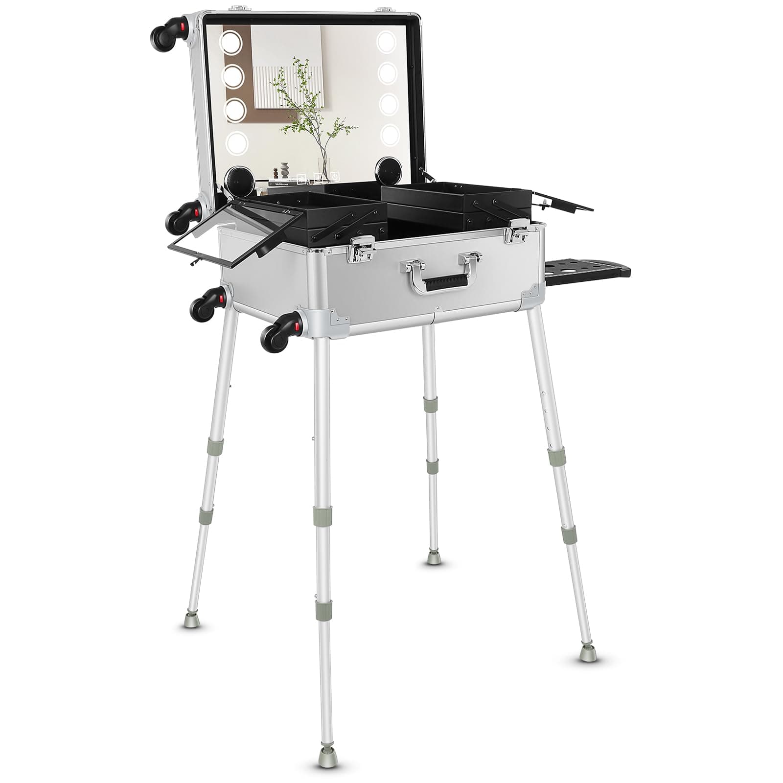 GCCSJ Aluminum Trolley Makeup Train Case with 8 LED Light 21'' Rolling Cosmetic Organizer Studio Speaker Make up Artist Free Standing Box with Stand Mirror Makeup Vanity Station for Travel (Silver)