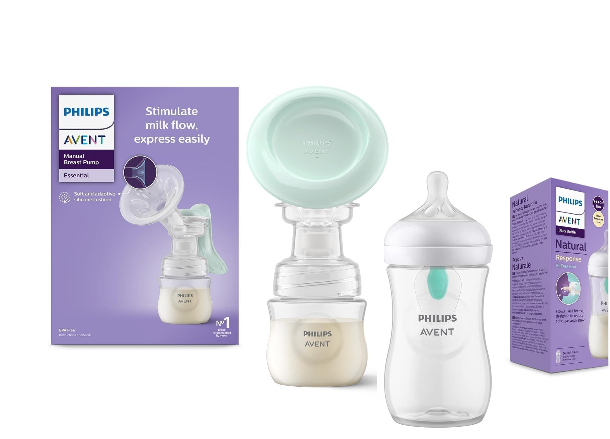 Philips Avent Essential Manual Breast pump SCF417/11 | Easy Silicone massage cushion & Ergonomic handle, Soft & Gentle, BPA Free (Pump + 260ml Natural Airvent Bottle Single)
