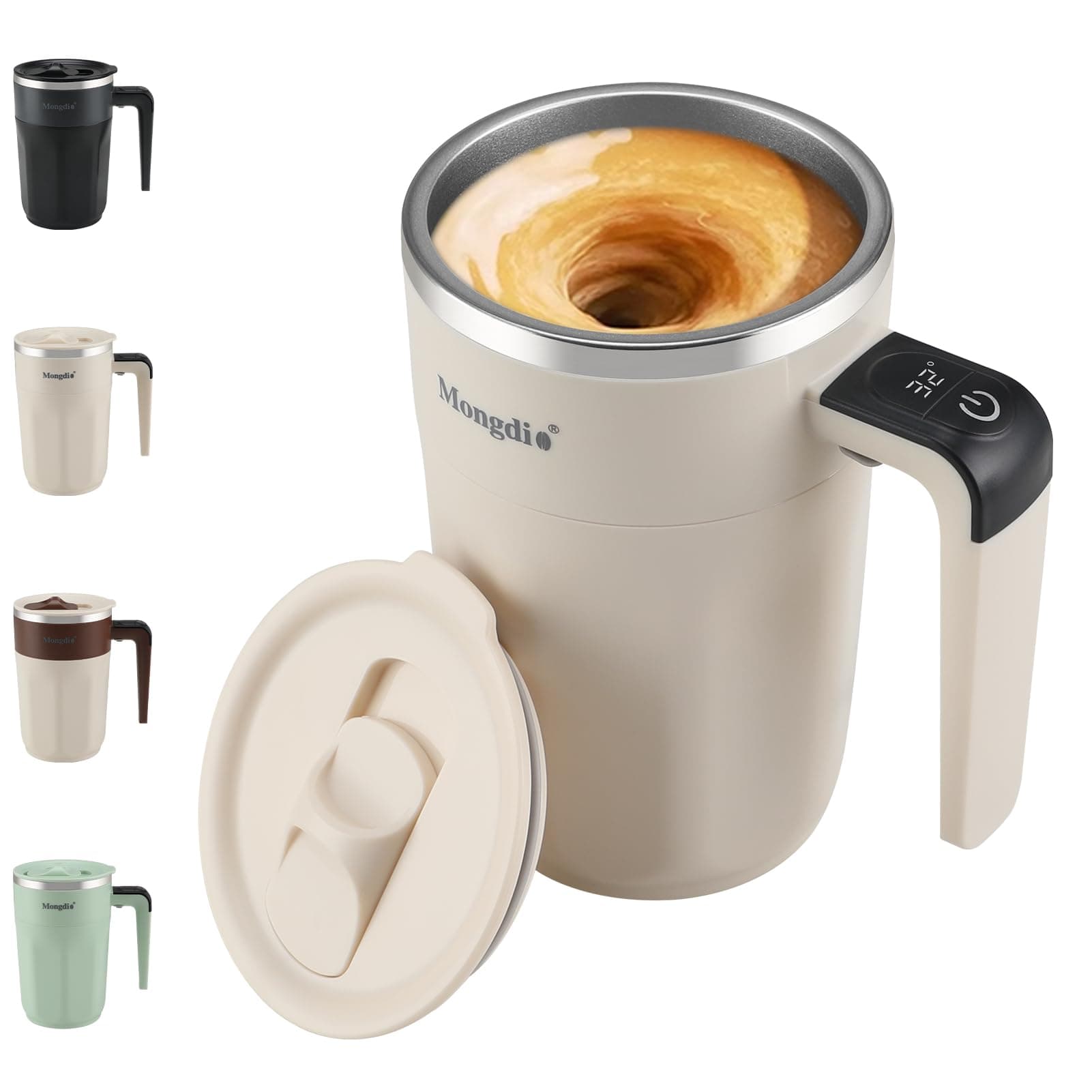 Self Stirring Coffee Mug with Fahrenhite Temperature Display, Rechargeable Stirring Mug, Automatic Self Stirring Cup with Lid, For Coffee, Milk and Other Beverages, White