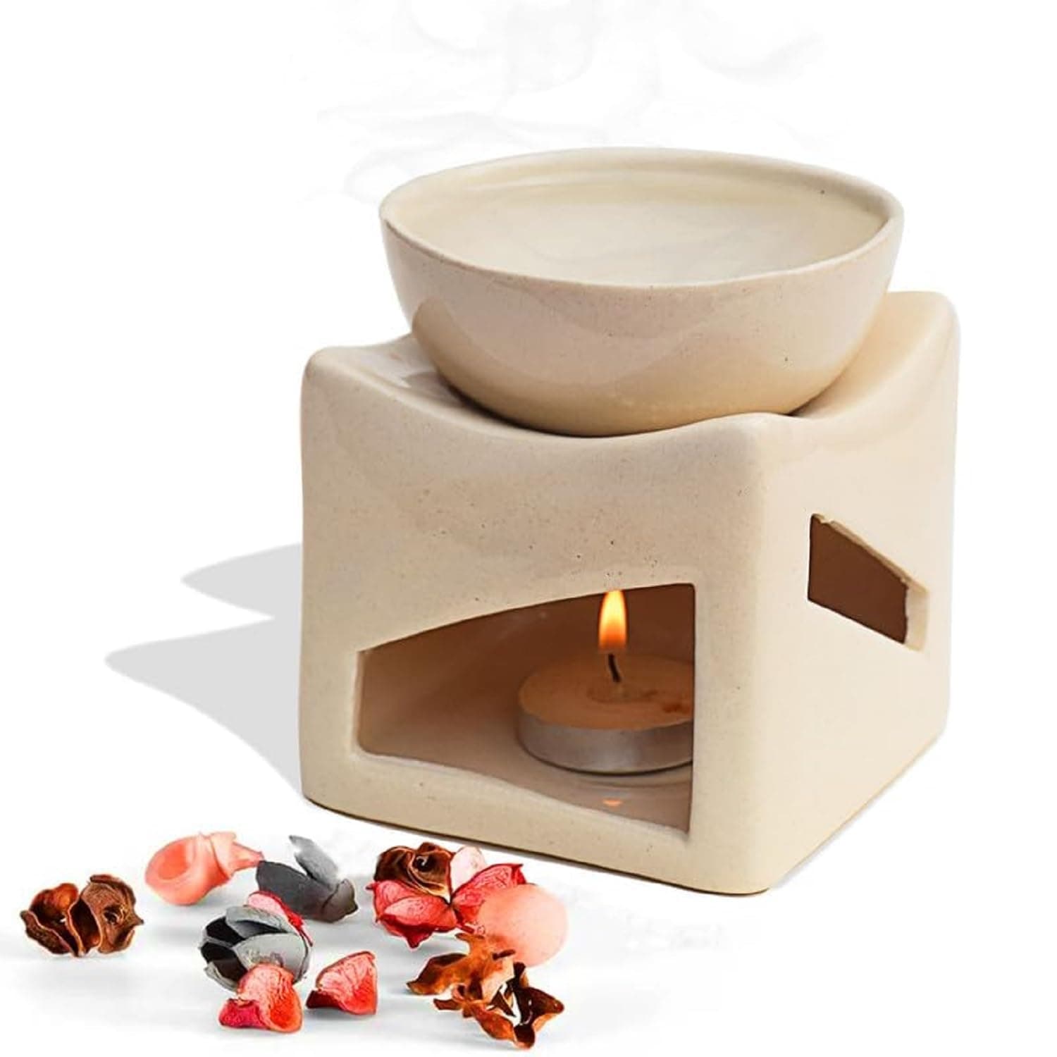 Pure Source India 4.2" Ivory Ceramic Oil Burner with Candle - Extra Large Bowl & 1 Tea Light