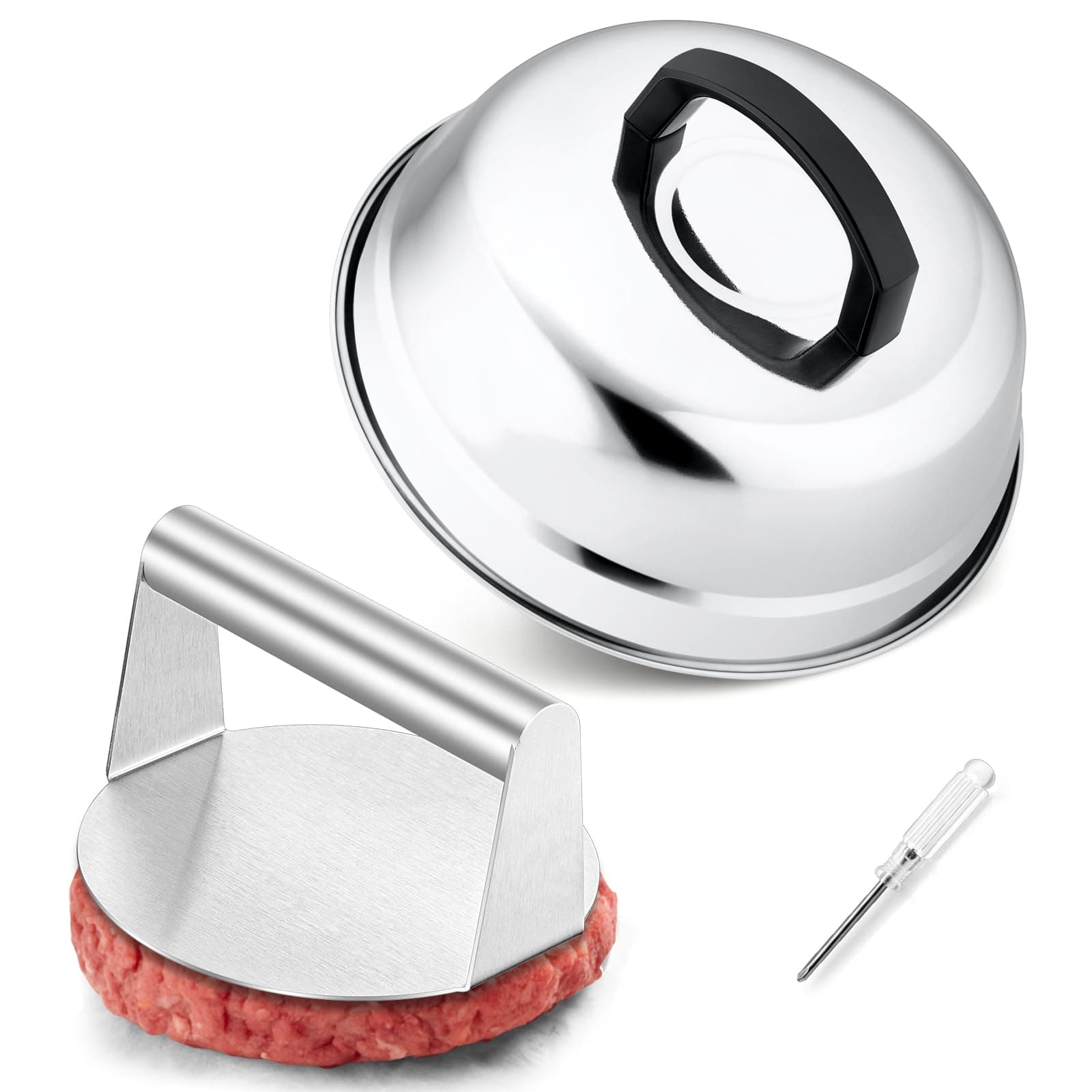 HaSteeL 9In Melting Dome & 7In Burger Press, Round Basting Steam Cover with Stainless Steel Bacon Press, Metal Griddle Accessories for Flat Top Teppanyaki Hibachi Grilling Cooking BBQ, Easy to Clean